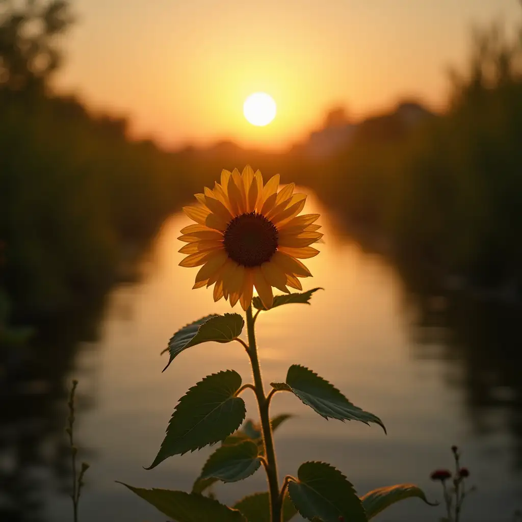 sunflower in the middle of the river, at sunset on the golden lake