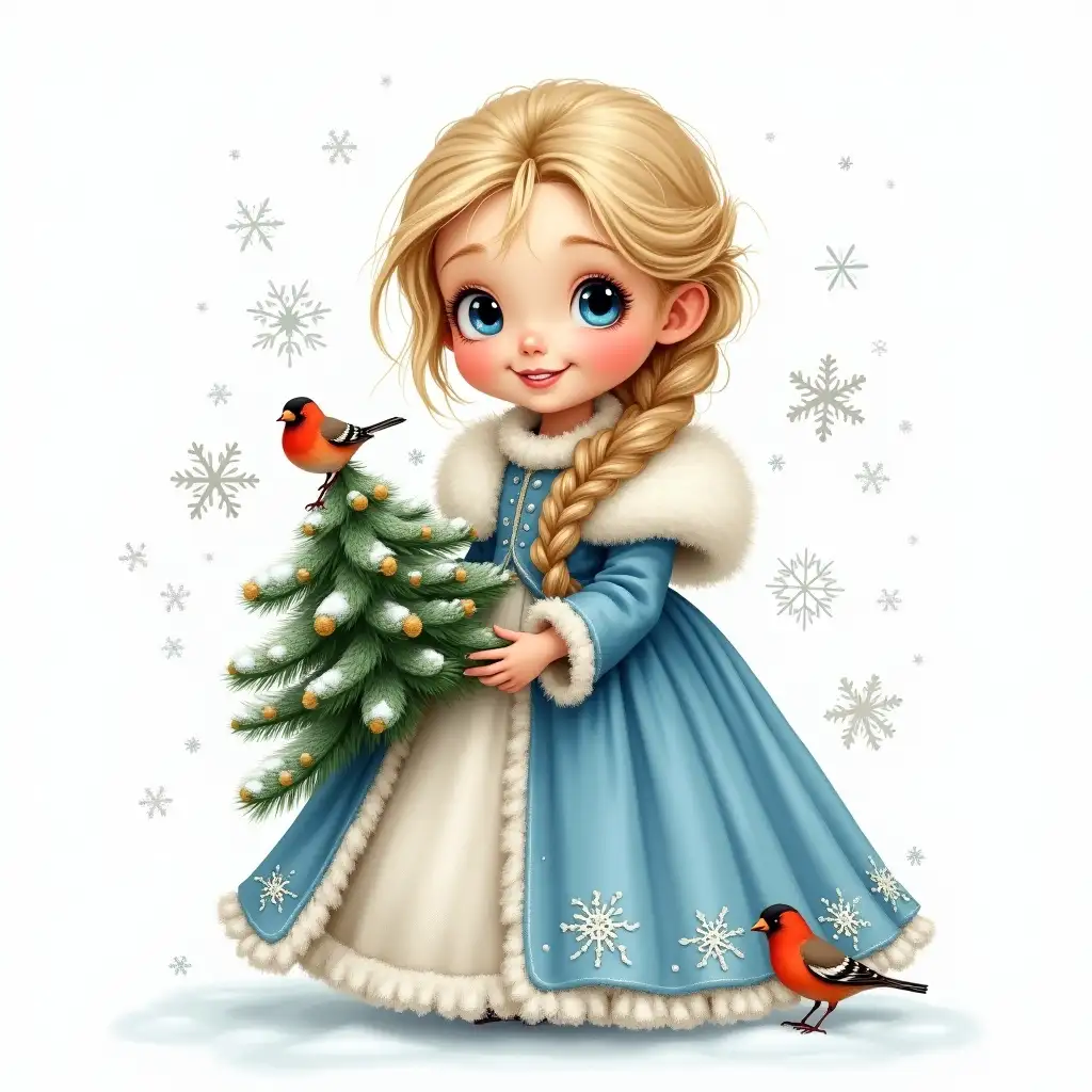 A young girl with fair skin and long blonde hair, braided, decorated with snowflakes. Her expressive, big blue eyes gently look ahead, and her smile radiates happiness. She is wearing a blue and white full-length princess-style dress, richly decorated with snowflakes and fur. The fabric of the dress feels smooth and flowing. She holds a scarlet snow-covered Christmas tree. Two bullfinch birds are visible on the sides of it. The snow-white background highlights the figure of a girl and snowflakes. The overall style is a classic children's illustration.