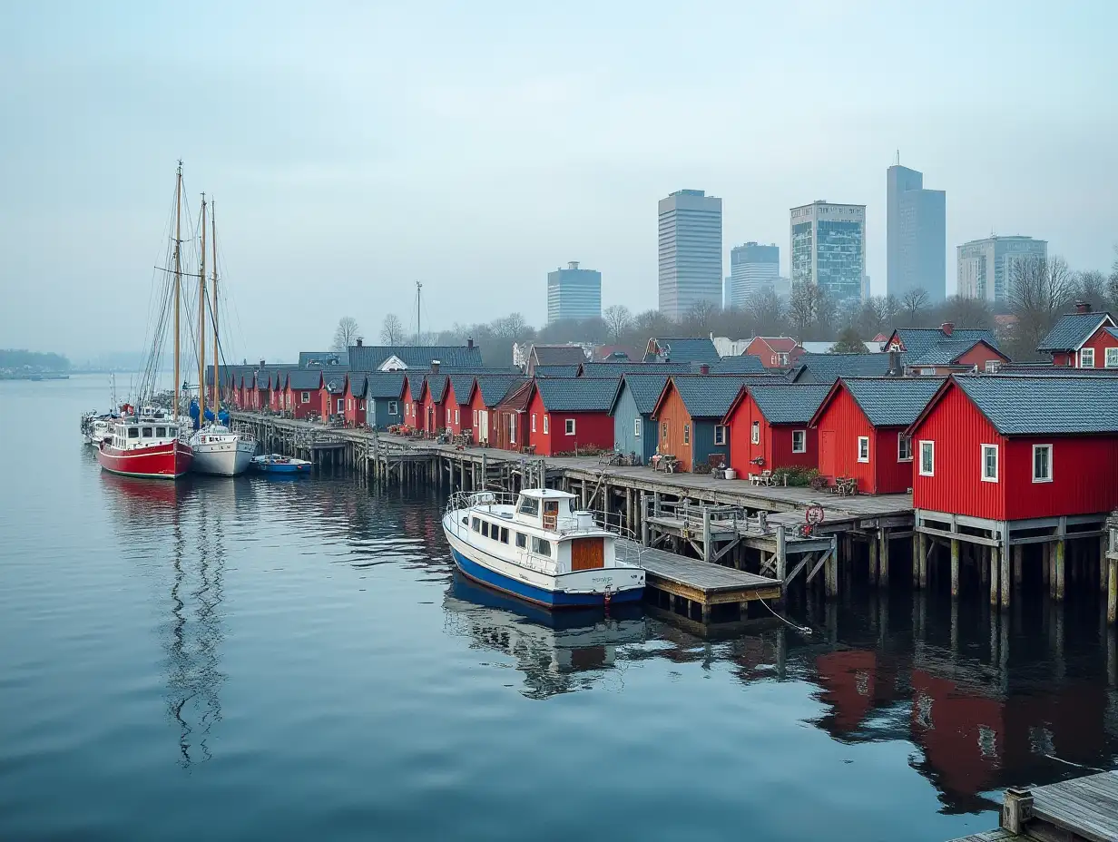 Traditional-Swedish-Seaside-Harbour-with-Skyscrapers-in-the-Background