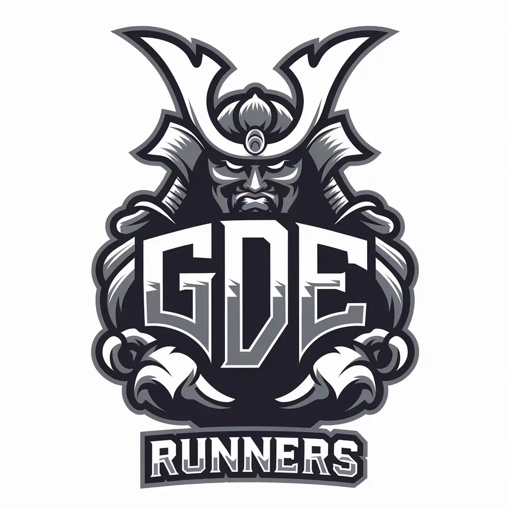 a vector logo design,with the text "GDE RUNNERS", main symbol:A mix of the letters 'GDE', so that it looks stylish to form a likeness of a samurai,Moderate,be used in Sports Fitness industry,clear background