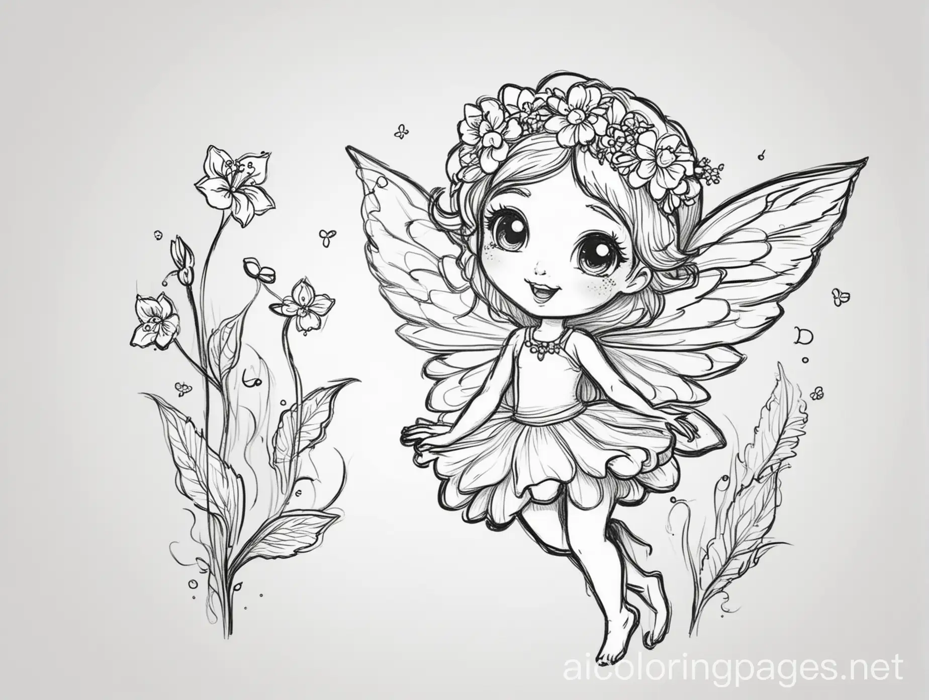 singing and dancing cute little flower fairy, coloring page for kids, simple, black and white, line art, Coloring Page, black and white, line art, white background, Simplicity, Ample White Space