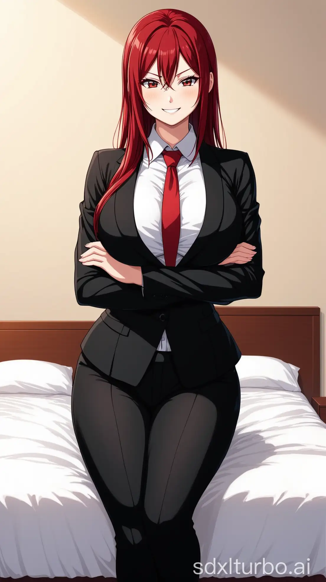 Erza scarlet wearing formal suit, smile, arms crossed, black jacket, white shirt, red necktie, black pants too tight, tall woman, curvy, legs crossed, sitting on bedroom, at the room