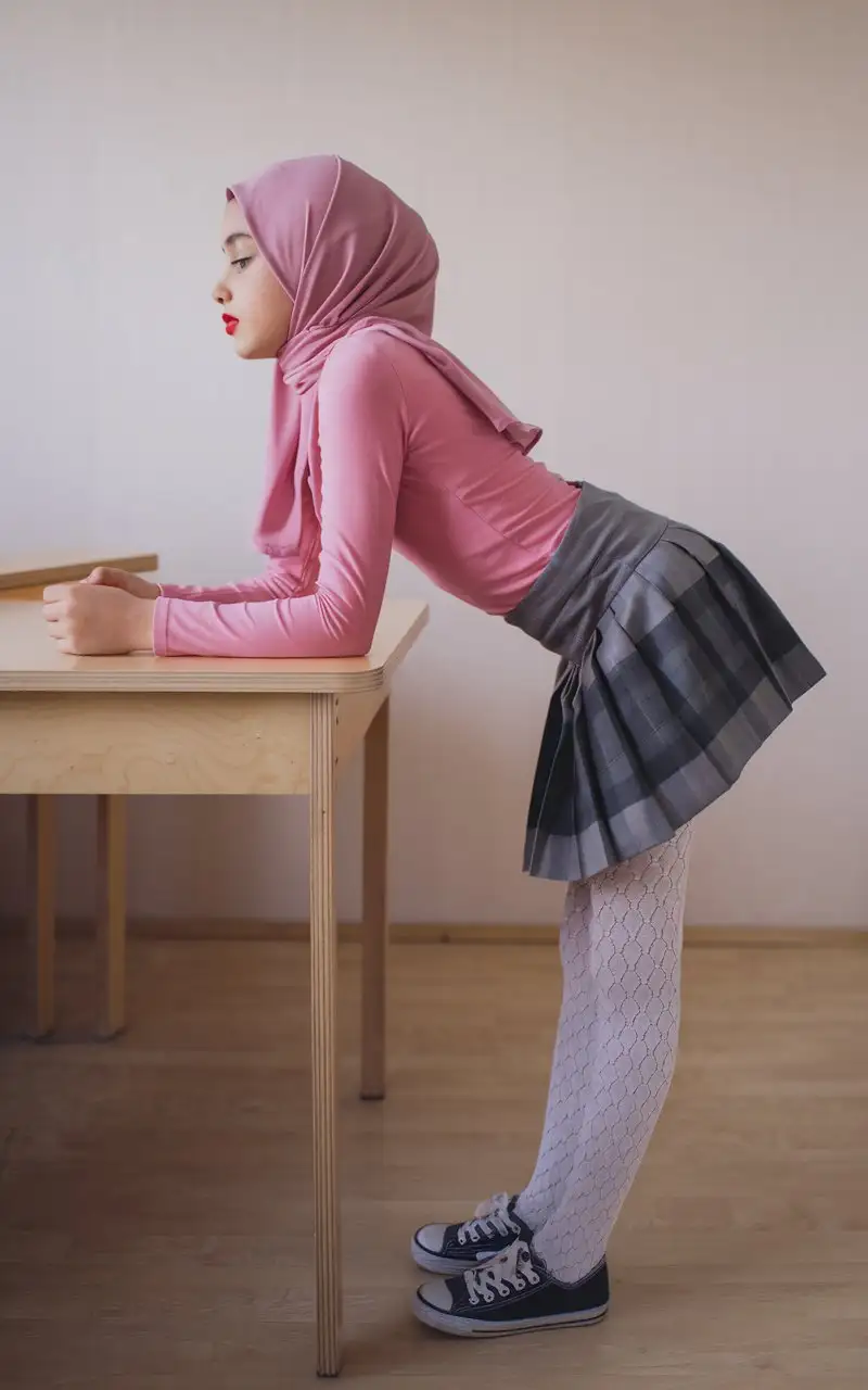 14 years old turkish girl bending over a wooden table with her elbows on the table. She is wearing a pink long-sleeved tight top and a matching hijab. Her outfit includes tight school skirt, white patterned tights, and she is wearing white small converse shoes. The room has light wood flooring and a plain light-colored wall in the background. Red lips, side view.