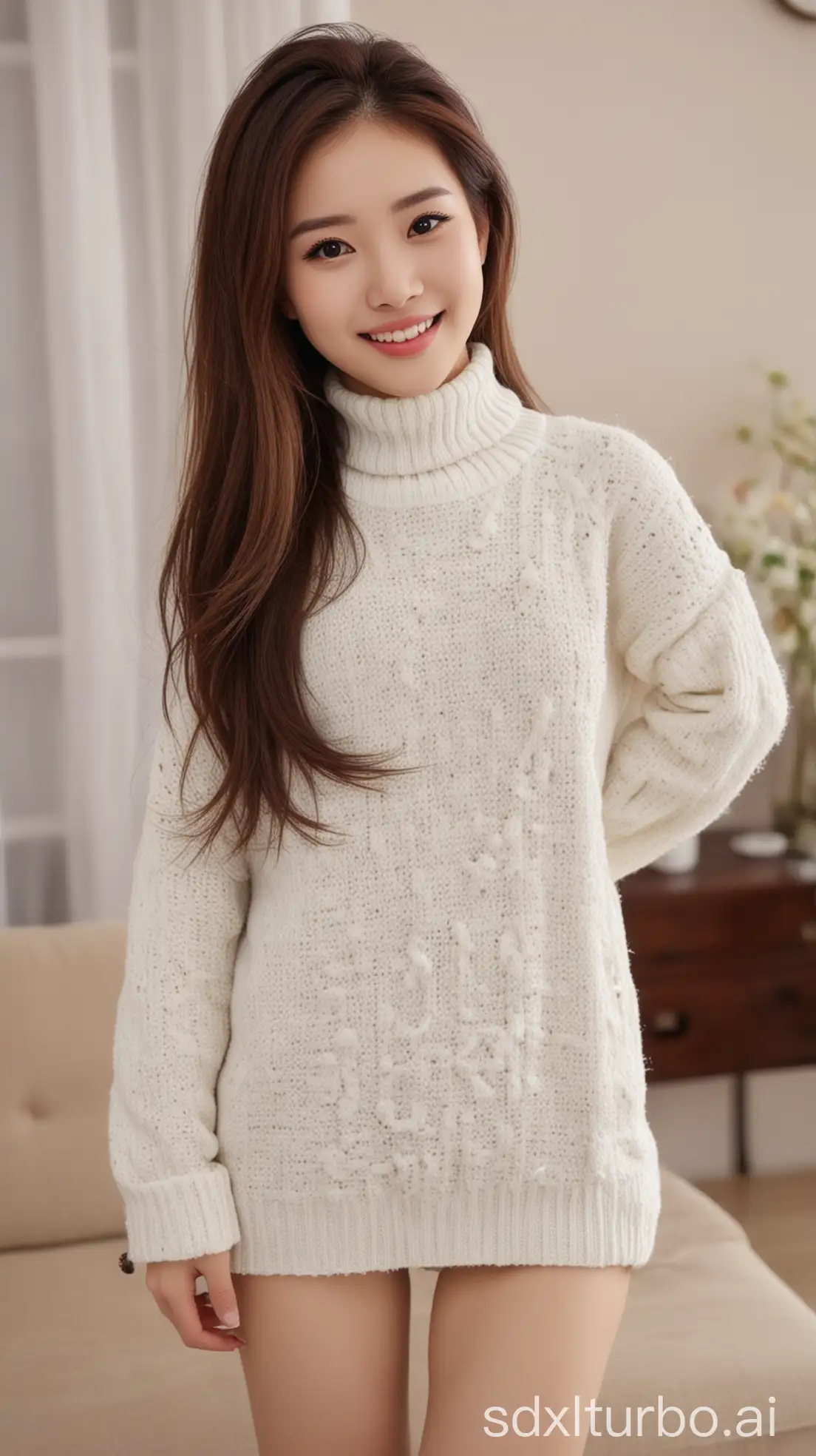 Elegant-Chinese-Woman-Smiling-in-a-Winter-Living-Room