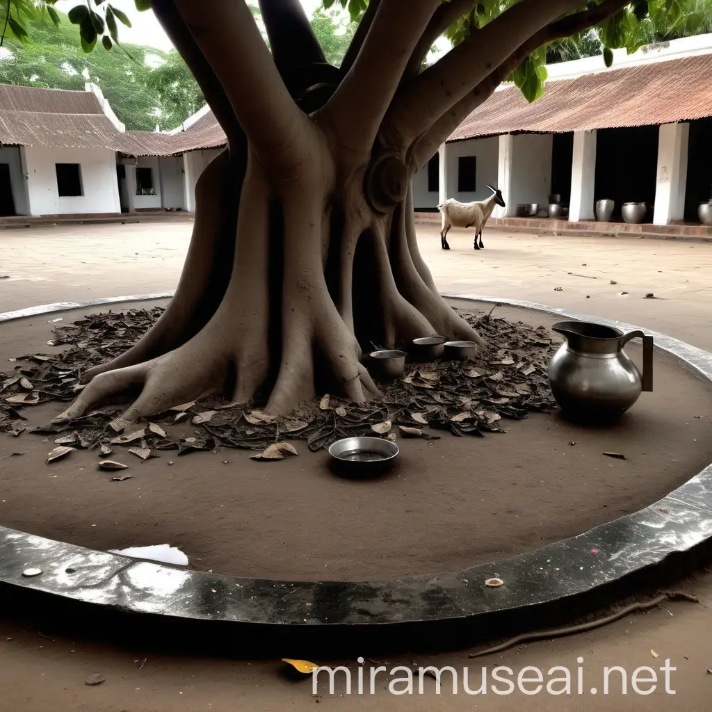 Goat Sitting in Ashram Courtyard with Broken Pots and Banyan Tree