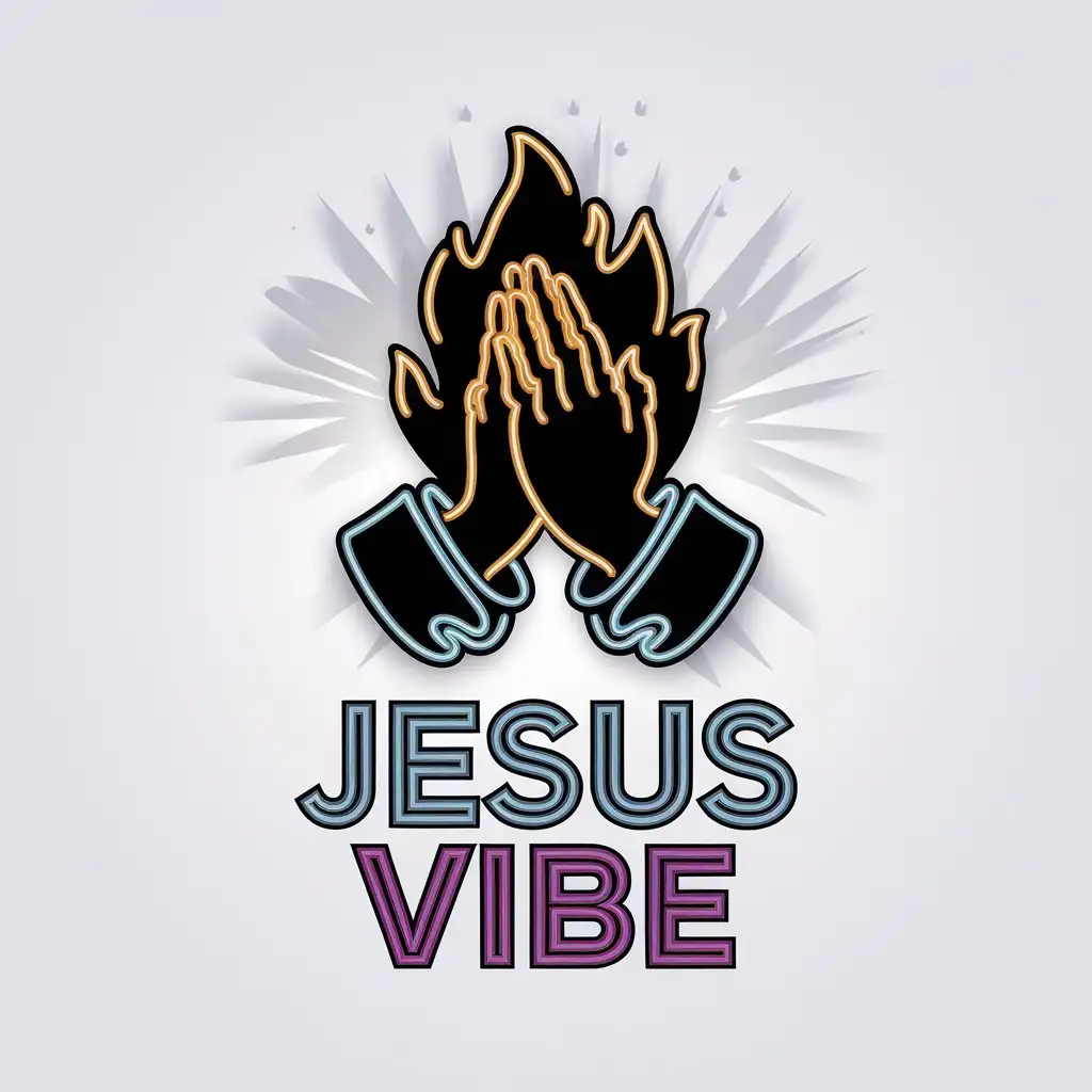 a vector logo design,with the text "jesus vibe", main symbol:pleading hands in fire in neon style in minimalist style,Minimalistic,clear background