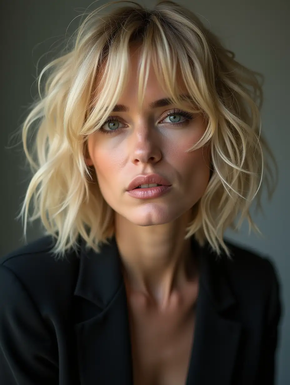 Portrait, 40 year old blonde woman, bold pose, very chic look, enigmatic smile, against grunge complex, bob haircut, messy hair, rebellious attitude