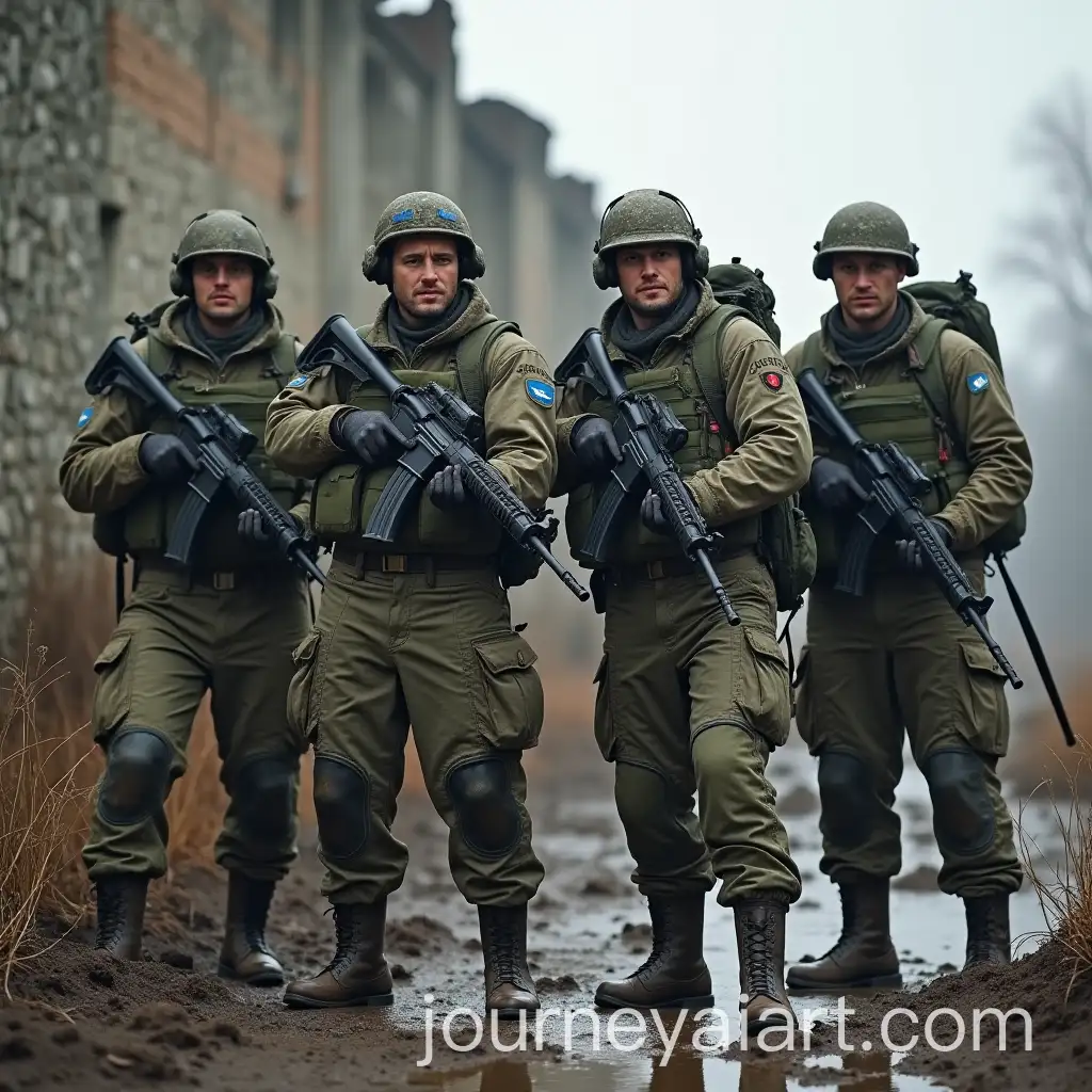 Four-Ukrainian-Soldiers-in-Muddy-Battlefield-withAI-Image-Prompt-Expansion-Automatics-and-Tired-Expressions