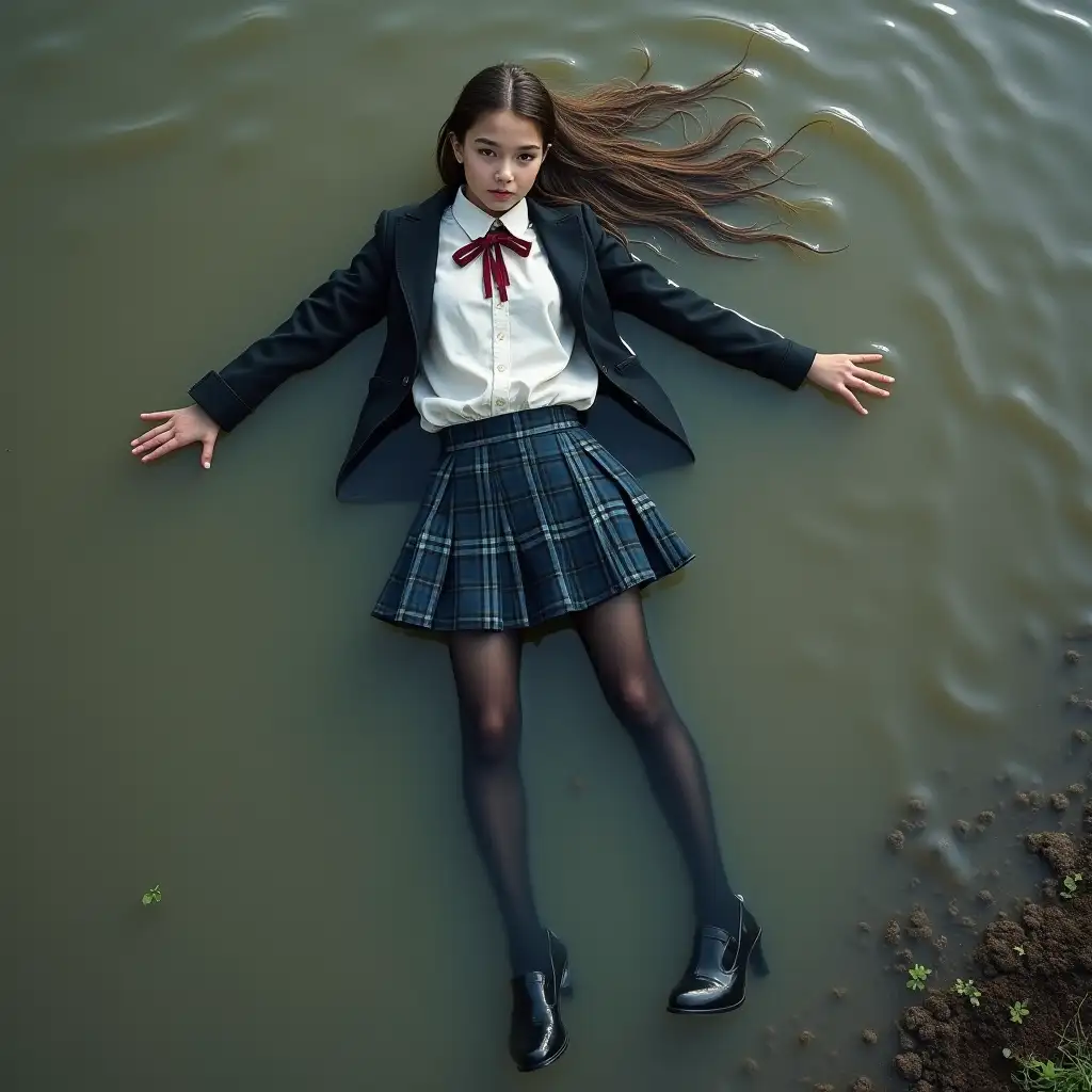 A young schoolgirl in a school uniform, with a skirt, jacket, blouse, dark tights, high-heeled shoes. Swims in a dirty pond, lies under water, waist deep in water, completely wet clothes, no dry spots on clothes, wet clothes stick to the body.