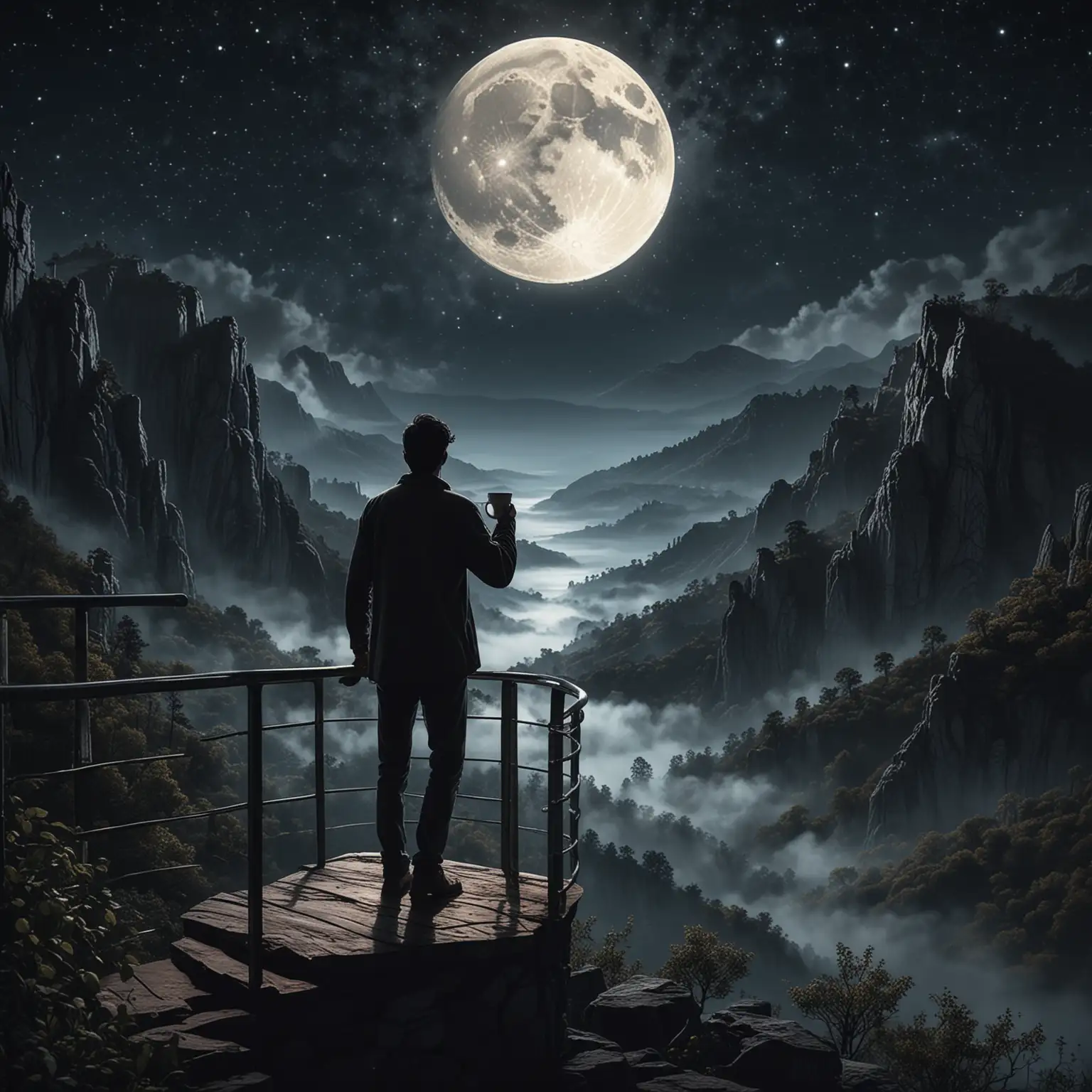 A man stands on a tall observation tower, leaning against the railing with one hand while holding a steaming cup of coffee in the other. The scene is set at night, and the man is viewed from the back, gazing up at the full moon that illuminates the sky. The moonlight casts a gentle glow over the rugged mountains and expansive natural landscape below. The night sky is clear, with stars twinkling around the moon, enhancing the tranquil, contemplative atmosphere. The man's silhouette is dark against the illuminated backdrop, emphasizing his relaxed, thoughtful pose.