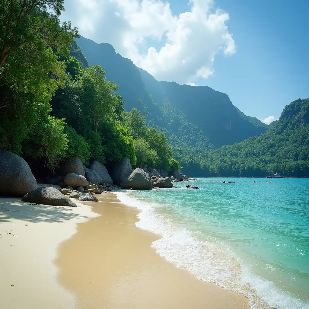 A serene beach with lush green forest in the background