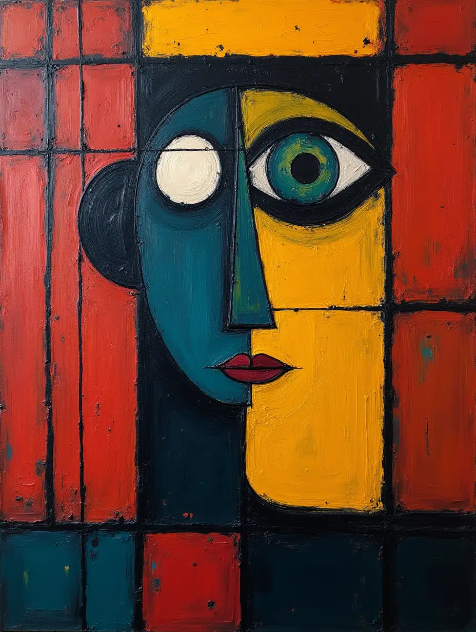 A picture in a grid, line, primitively schematic minimalism, avant-garde, face, giant looming eye, darkness in the style of Kandinsky, Malevich, minimalism, simplify for beginner artist acrylic many colors, constructivism abstractionism, gloomily
