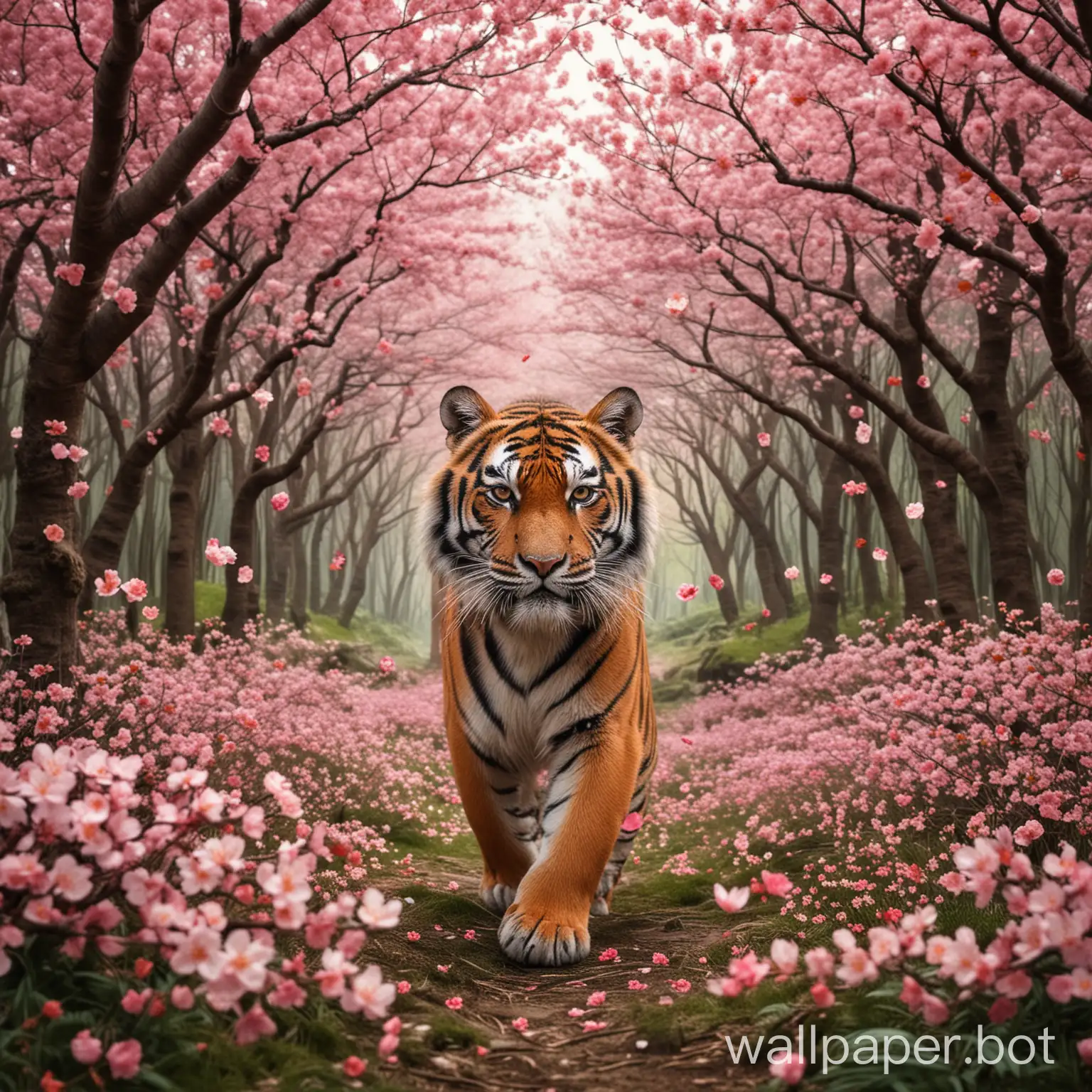 Tiger in a cherry blossom forrest