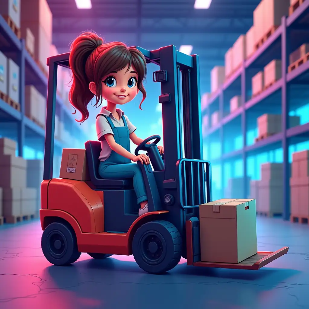 Styled cartoonish. Character - a 25-year-old girl, sitting on a forklift, moving boxes in the warehouse looking at us with a smile, cartoonish appearance. Background is neon, colors blue, pink.