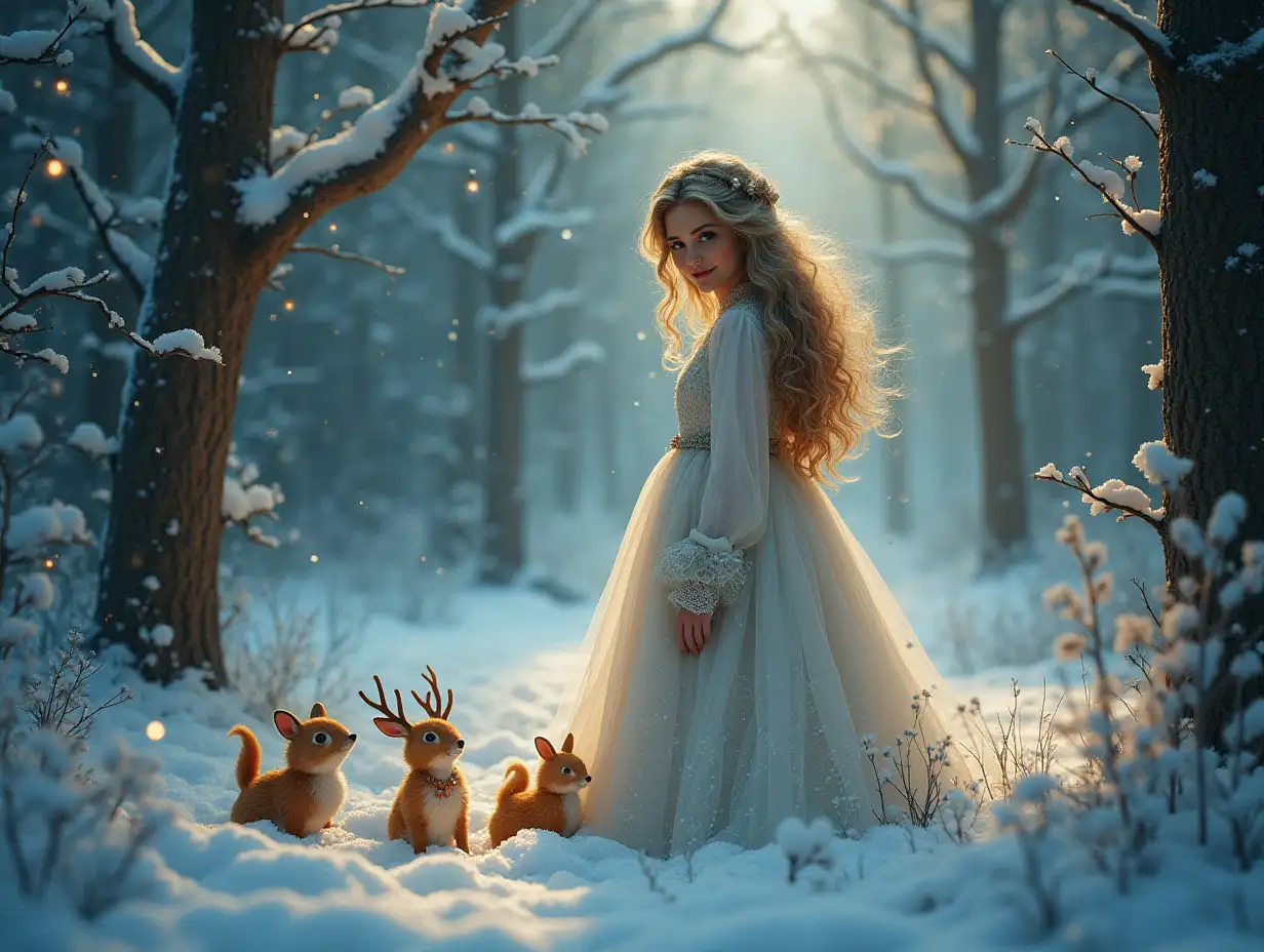 beautiful artwork, fascinating, adorable; detailed, with volumetric realistic textures, cinematic lighting, image depth. Beautiful Russian Snow Maiden in enchanted christmas forest, surrounded by little woodland creatures. Flawless features, fascinating. extreme high quality, sharp and smooth. Vibrant. Touch of Gustav Klimt, Jean Baptiste Monge