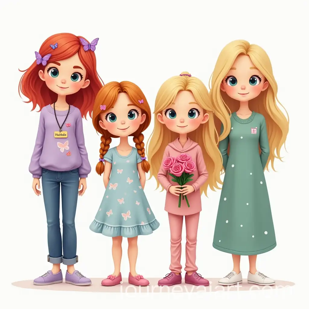 Four-Girls-Standing-Together-in-Colorful-Outfits-with-Personalized-Accessories-and-Flower-Bouquets
