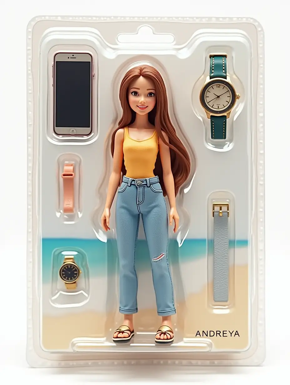 Use this my photo to create your own figure in a blister pack, in the style of a premium class collectible toy. The figure should be standing and smiling casually. On the blister pack there should be a heading with text [ANDREYA], written in large letters, and a subheading [on vacation] under it. In the side sections of the drawing there should be accessories: [smartphone and wristwatch].