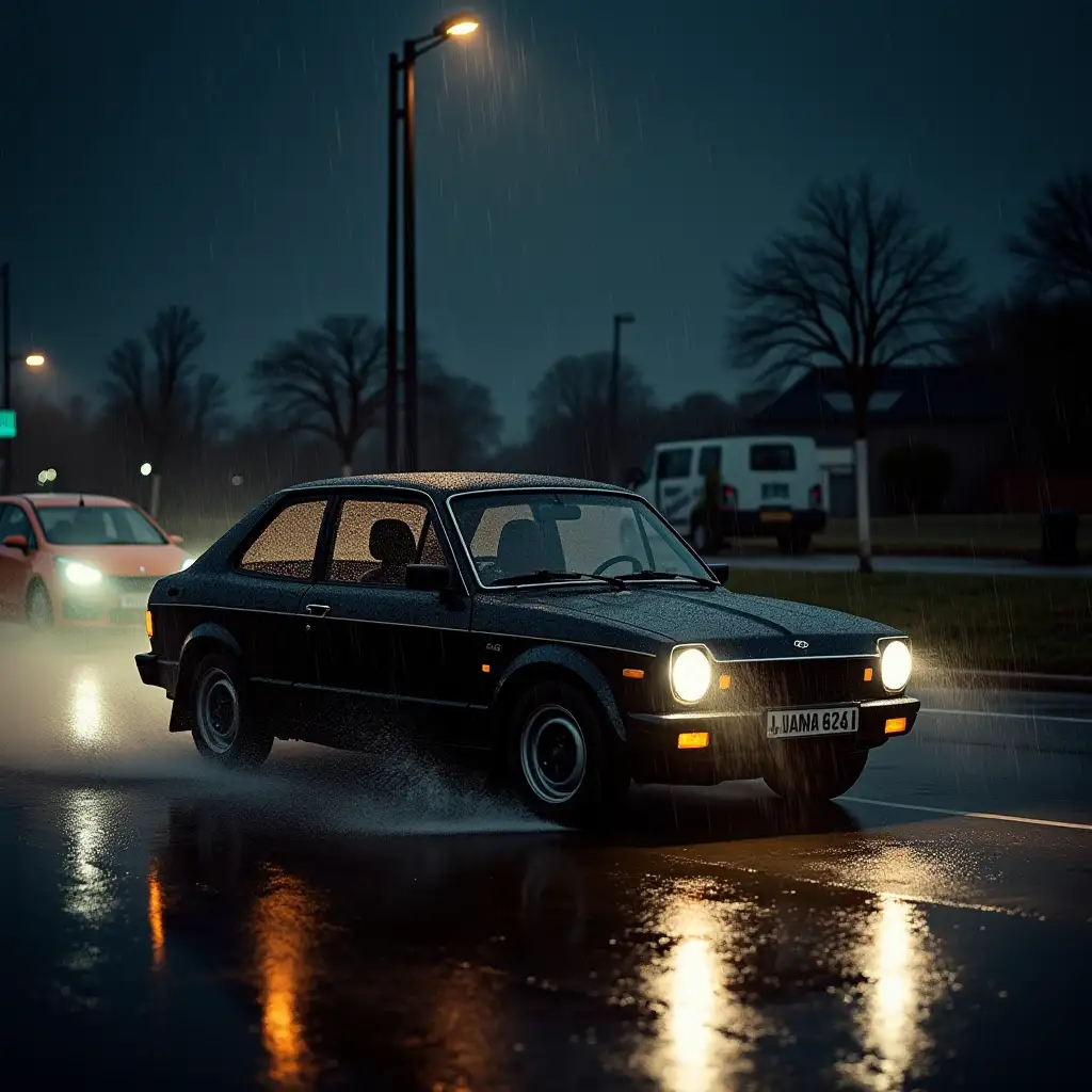 Black-Hyundai-Kona-2024-Driving-in-the-Rain-at-Night-with-Retro-1960s-Photo-Style