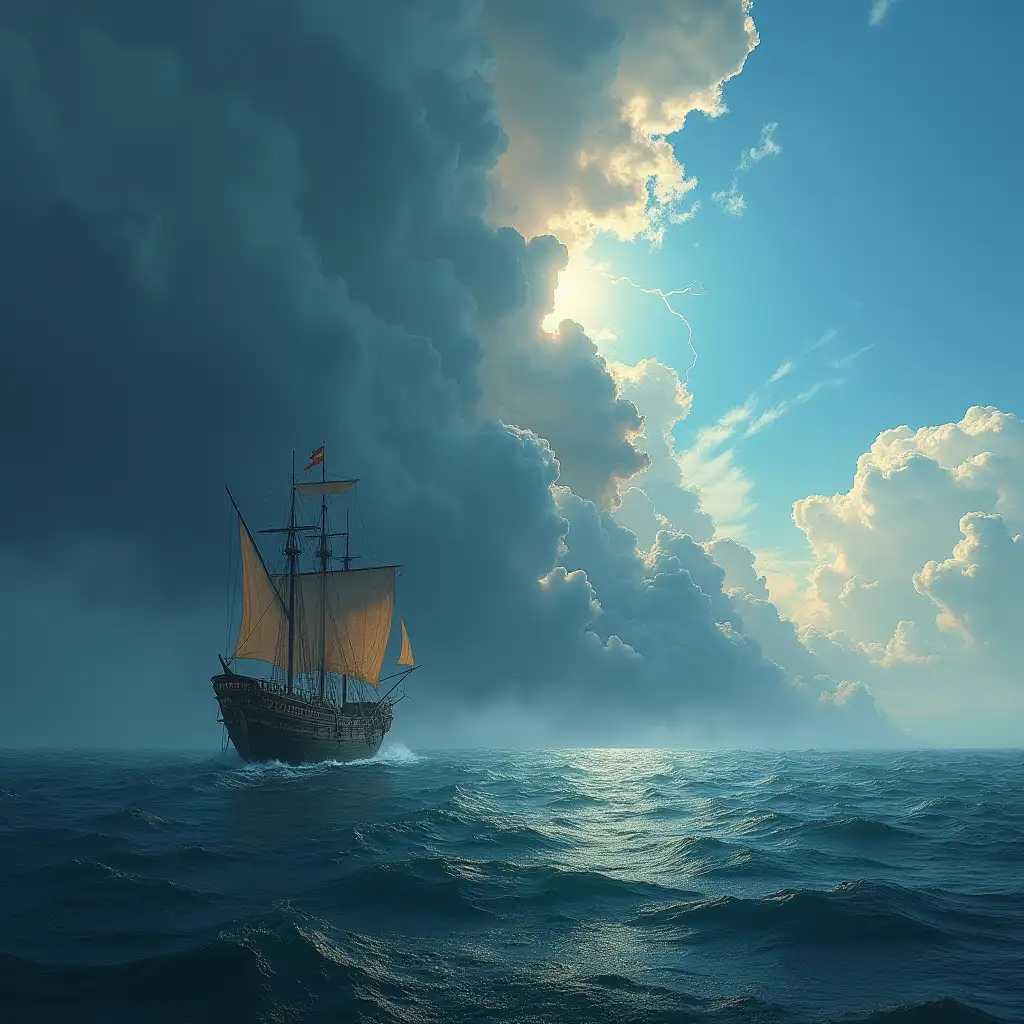 Medieval-Fantasy-Ship-Sailing-Toward-Storm-in-Ocean-with-Lightning