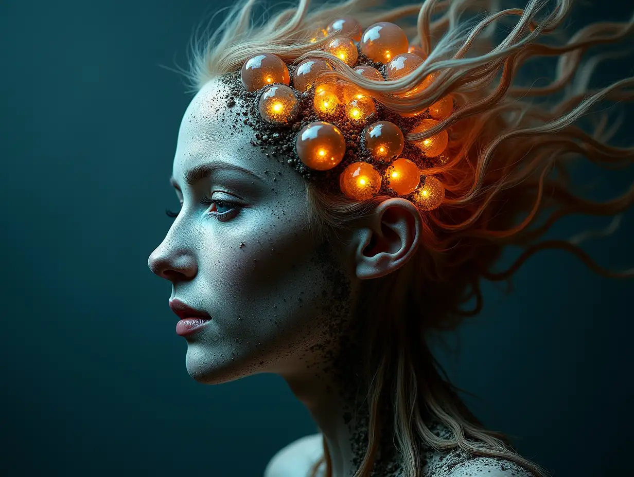 Face with hair transformed into a building with glowing glass balls and roots Luminous