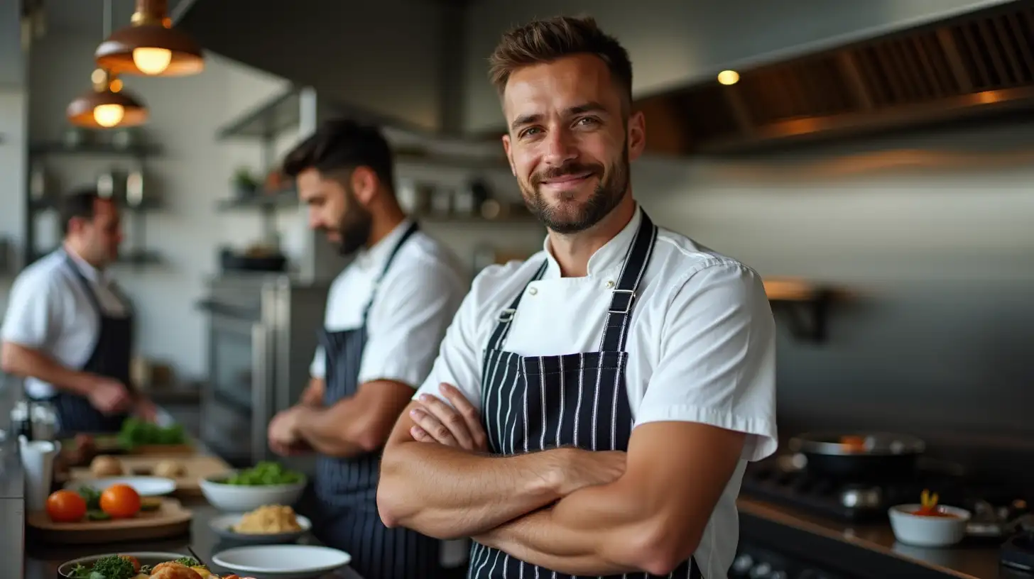 Mixed Race Male Chef with Sous Chef in Commercial Restaurant Kitchen