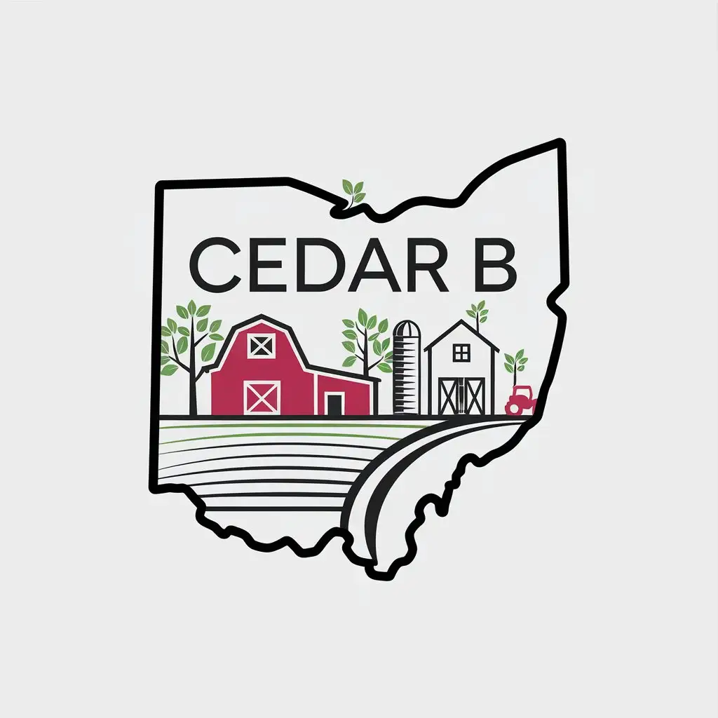 A logo, outline of Ohio, farm scene filled inside ohio outline with text inside ohio outline 'CEDAR B' minimalistic logo