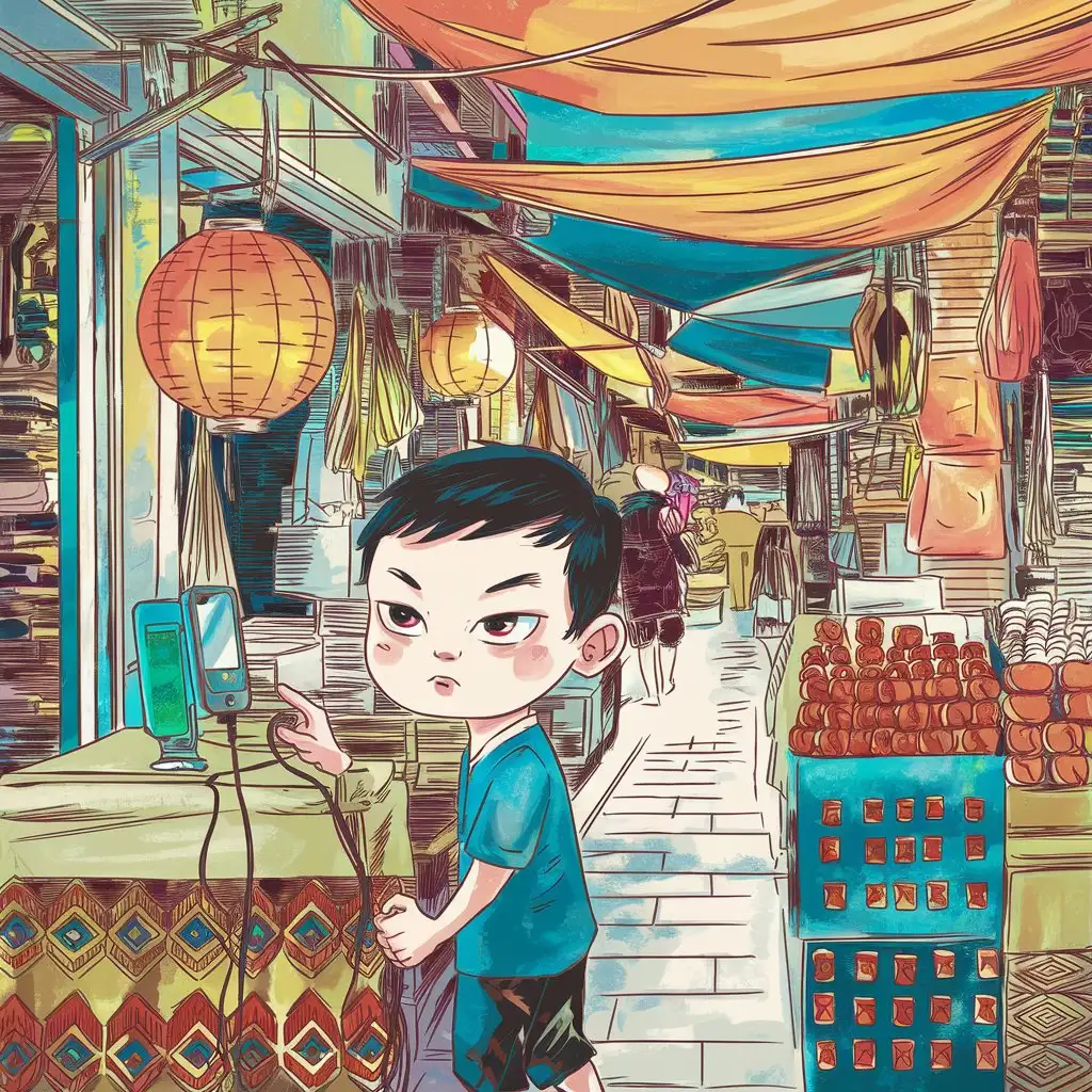 Boy-Charging-a-Phone-in-China-at-Dawn-Detailed-and-Colorful-Illustration