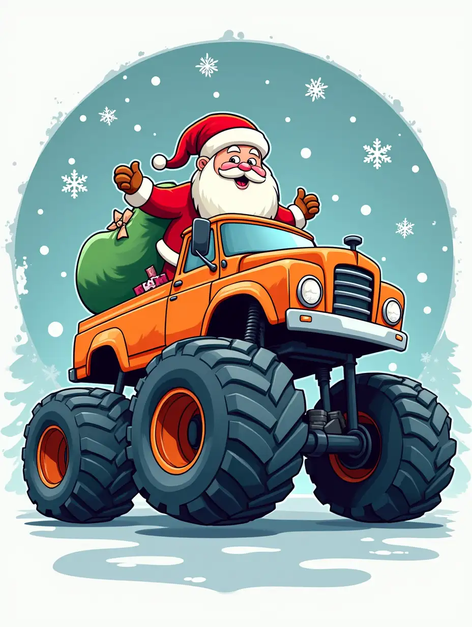 Create a festive Christmas design featuring Santa Claus driving a monster truck. The truck should be brightly colored, with large, exaggerated tires and a menacing appearance. Santa should be depicted in his traditional red suit, holding a bag of gifts and looking excited. Incorporate snowflakes and other wintery elements to add to the holiday atmosphere. The overall design should be playful, energetic, and perfect for the Christmas season.