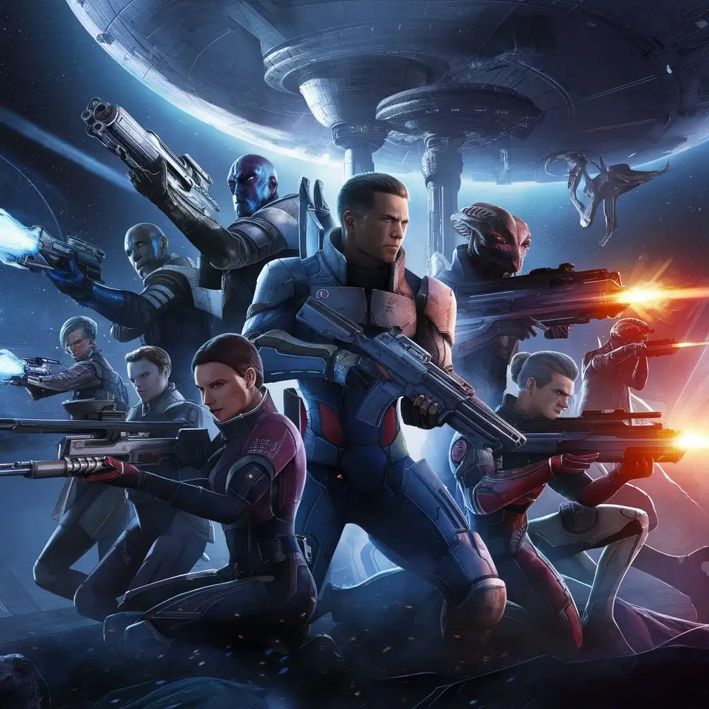 Mass Effect 4 Game Poster Aliens and Humans with Rifles in Space
