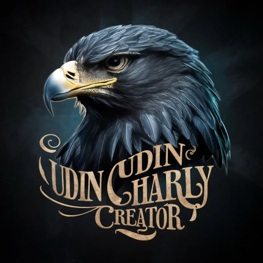 Create a striking and vibrant vector design showcasing an eagle's head with exceptional detail and texture. The eagle's dark, glossy feathers are rendered with an intricate shading technique, creating a captivating contrast against the moody dark background. Typography flows around the bottom of the eagle's head reads "UDIN CHARLY CREATOR" written in bold captivating letters that complement the eagle., vibrant, dark fantasy, portrait photography, illustration