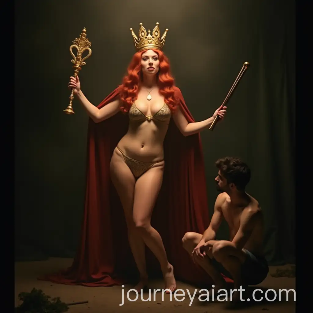 Powerful-RedAI-Image-Prompt-ExpansionHaired-Queen-in-Golden-Crown-with-Kneeling-Musician
