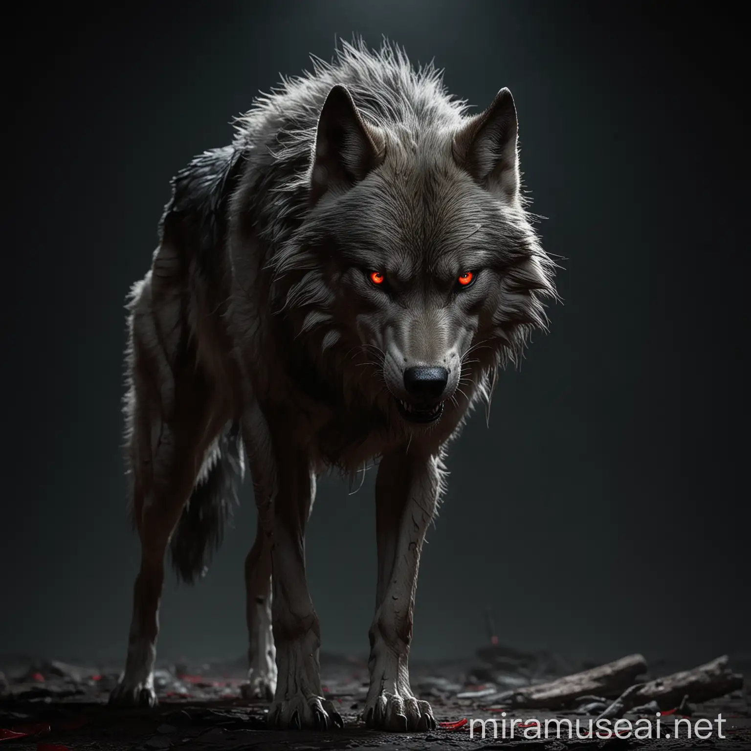 Wild Nature Wolf with Sharp Haircut and Predatory Eyes on Dark Background