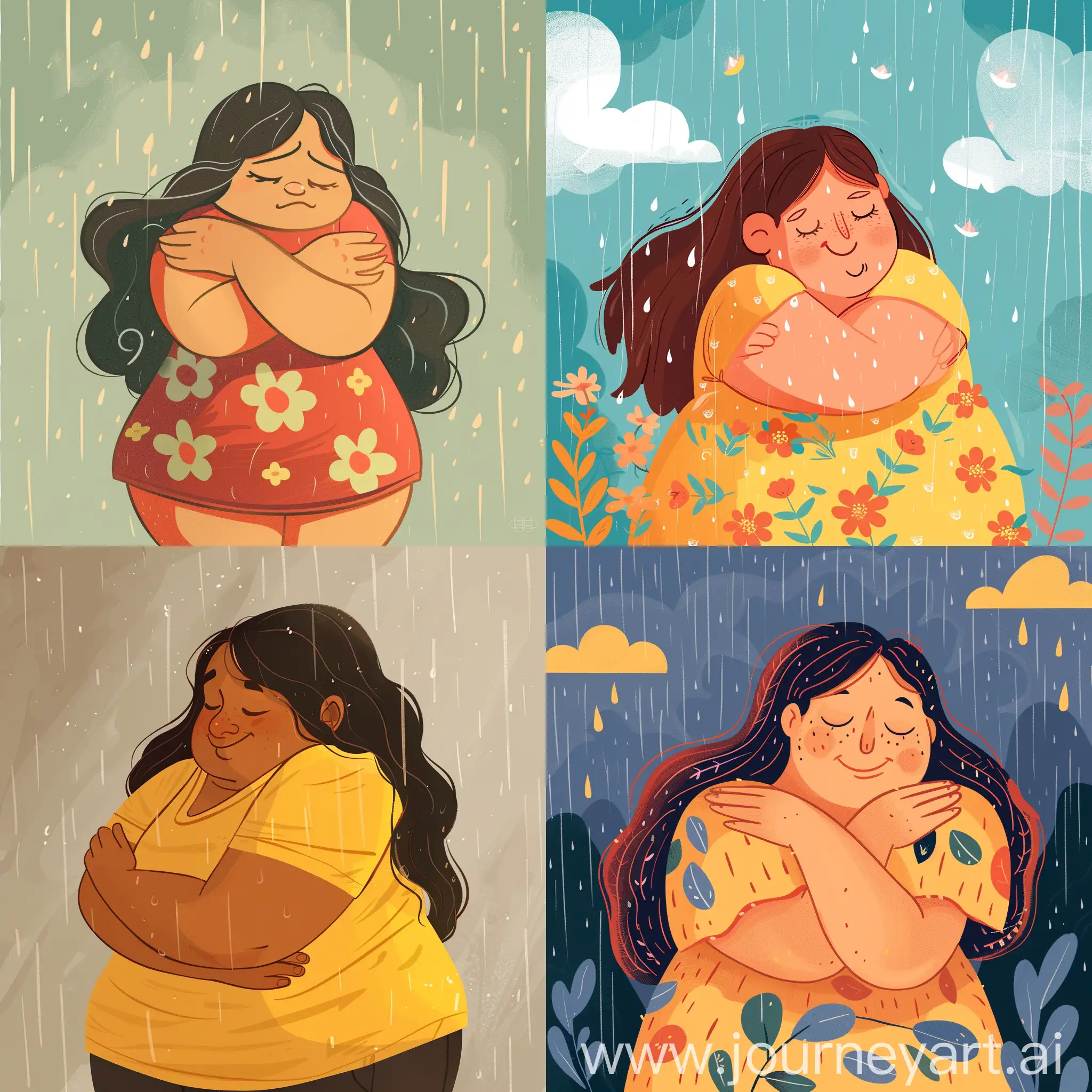 Cartoon-Style-Chubby-Woman-Hugging-Herself-in-Rainy-Weather