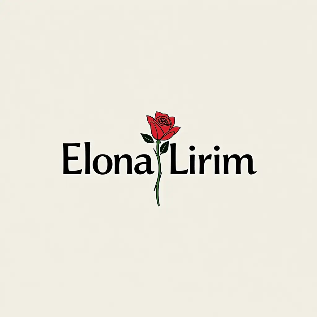 Create a modern, minimalist logo for the name 'Elona Lirim' with a subtle and elegant rose design. The logo should use as black white green and red colors as possible, focusing on simplicity and creativity. Incorporate sleek typography and a delicate, stylized rose that conveys sophistication and individuality. The design should be clean, bold, and highly creative, with a focus on modern aesthetics and visual impact.