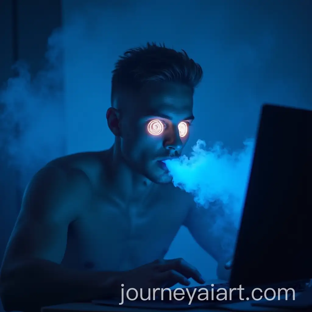 Athletic-Young-Man-Surrounded-by-Blue-Smoke-and-Glowing-Spiral-Eyes