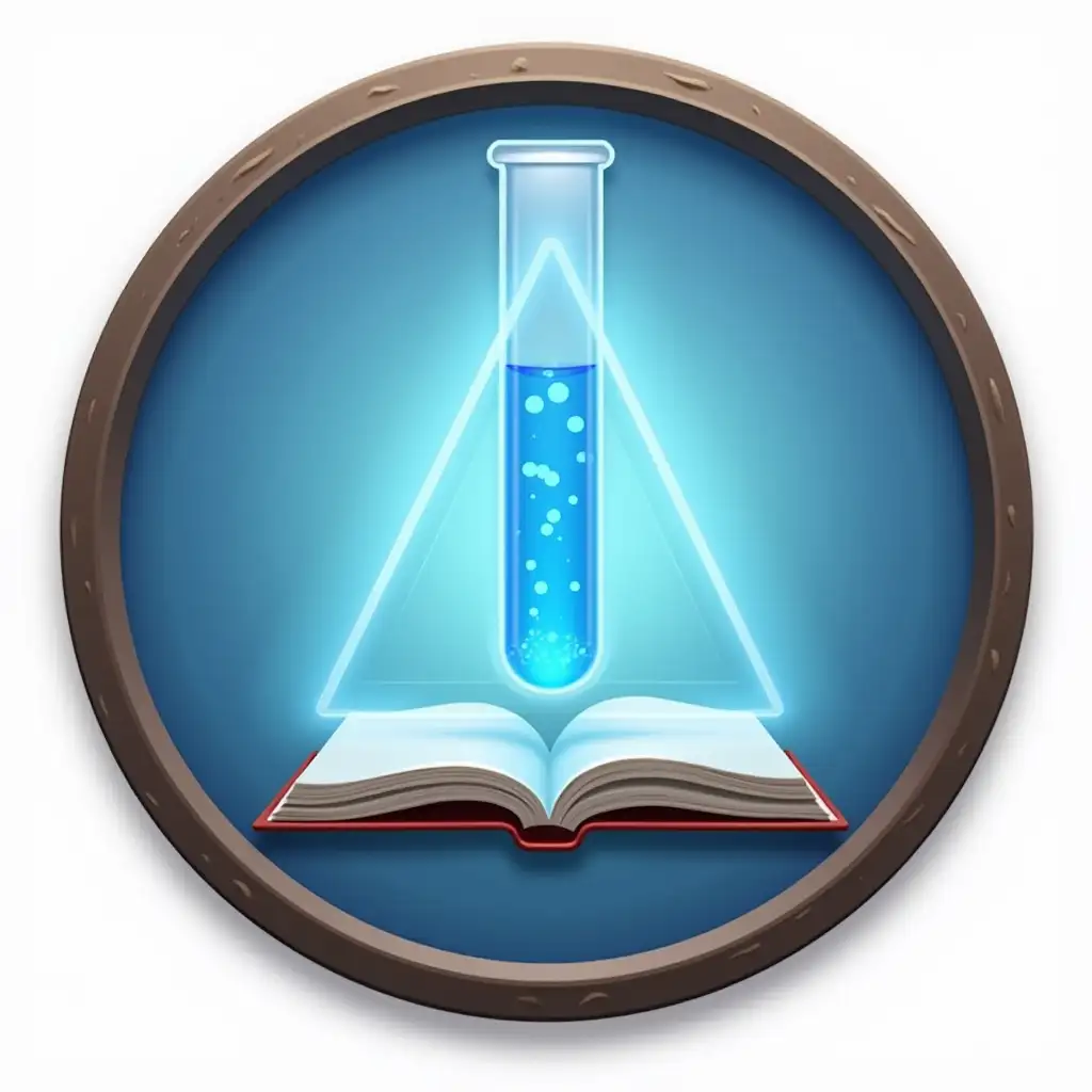 image icon, round frame, triangular test tube, electric lamp, book, pale blue glow, beautiful, without small details, without background