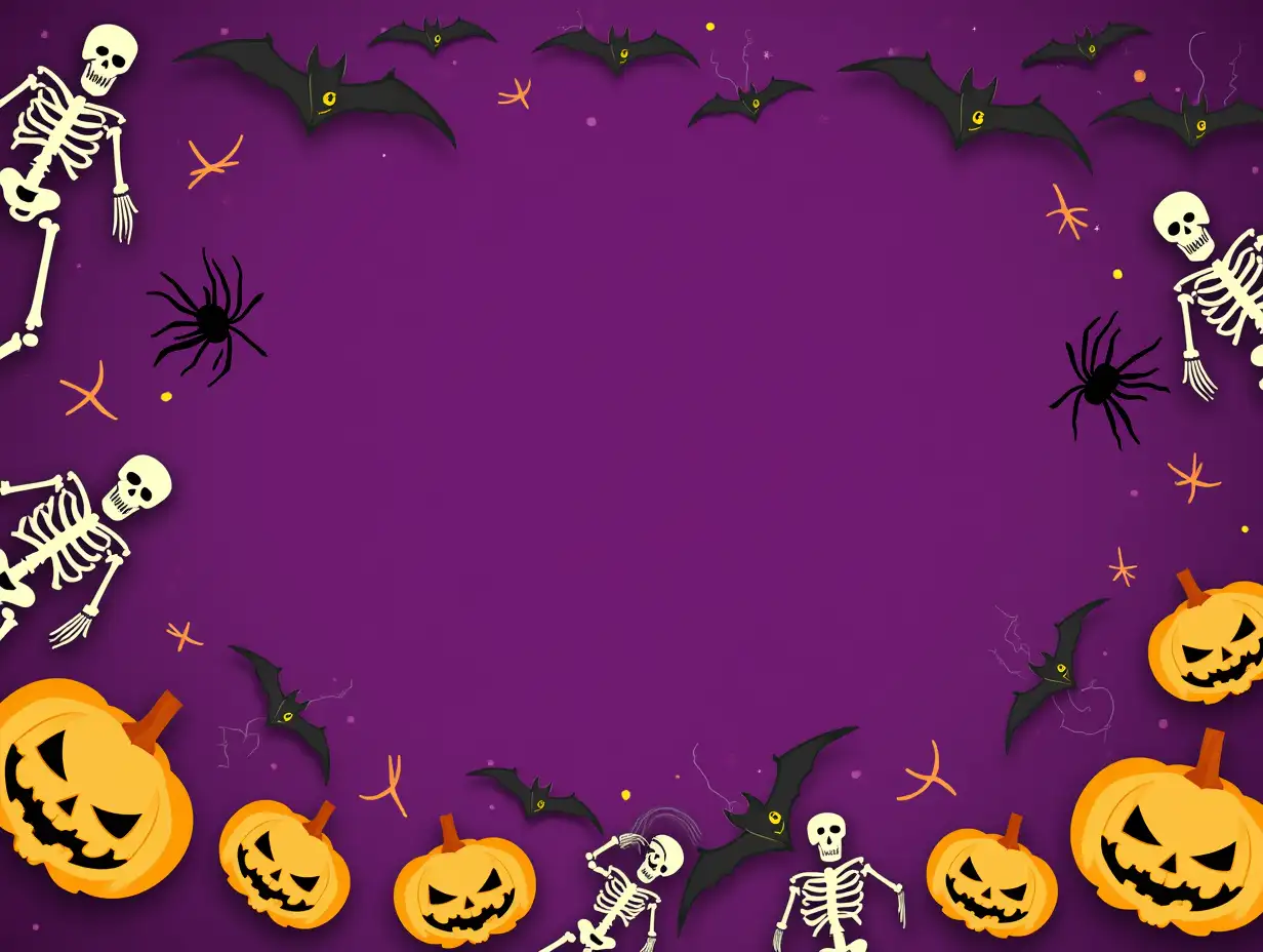 Halloween composition with pumpkins, spiders, bats and skeletons on purple background.