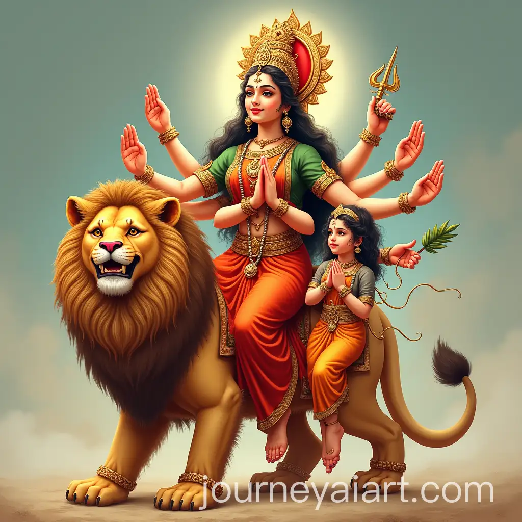 Goddess-Durga-with-Ten-Arms-Riding-a-Lion-with-Girl-Praying