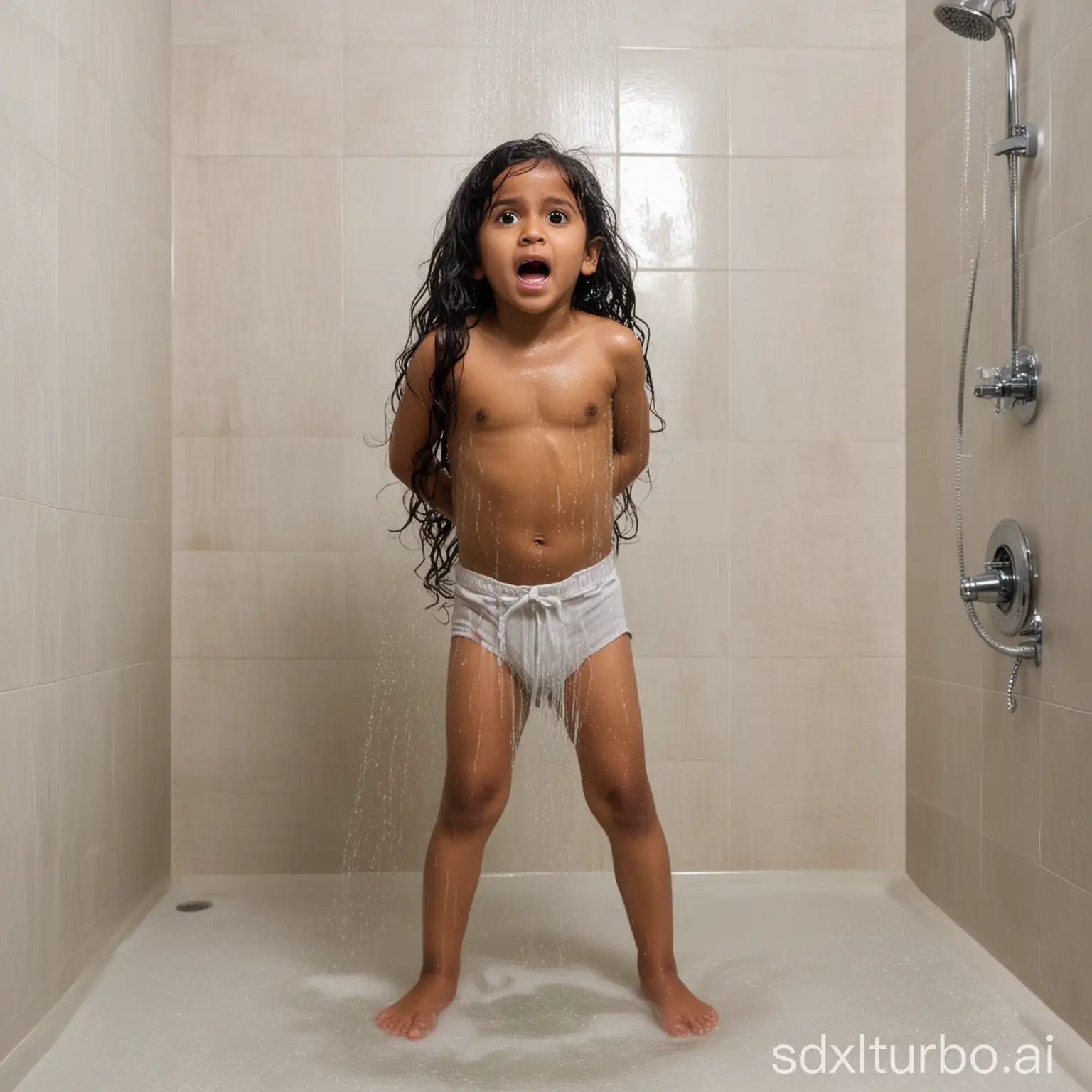 Scared-Indian-TenYearOld-Girl-with-Long-Wavy-Black-Hair-Standing-in-Shower