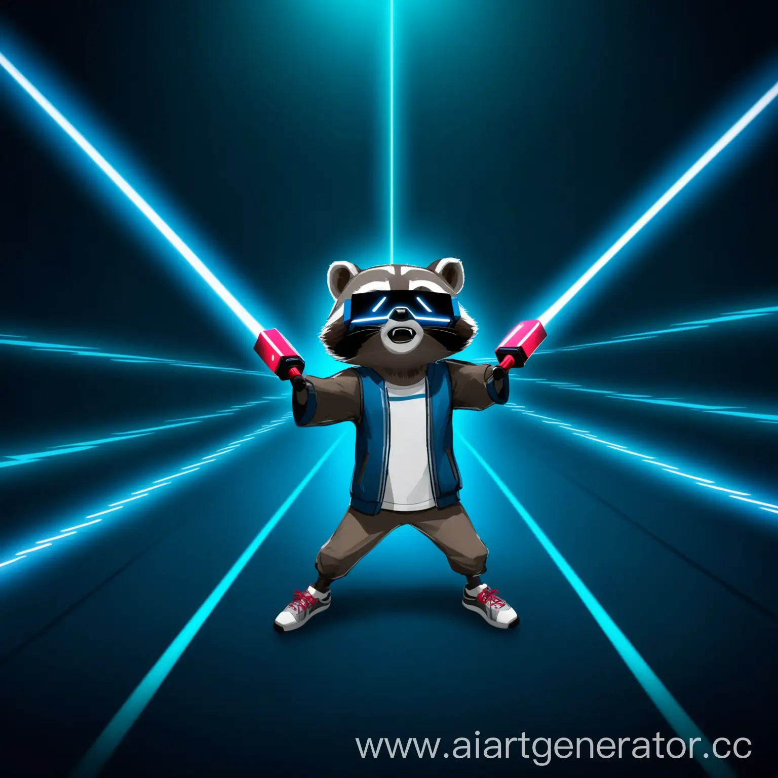 Raccoon-Samurai-in-Action-Beat-Saber-VR-Game-Illustration