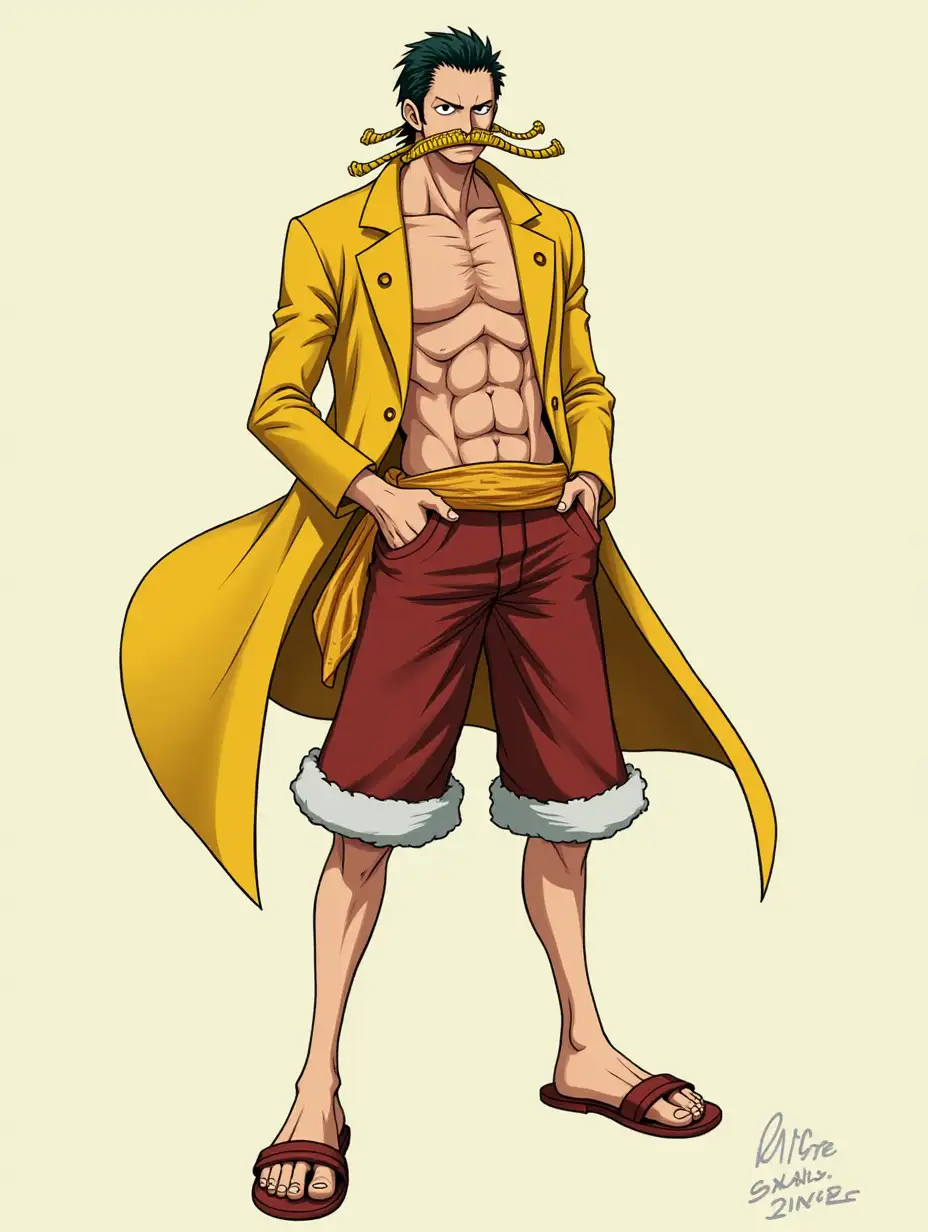 Give Me Picture Of One Piece Male Character With 2 Normal Eyes, 2 Legs, 2 Hand, 1 Body With Golden Coat In Back And Yellow Bandana On Mouth