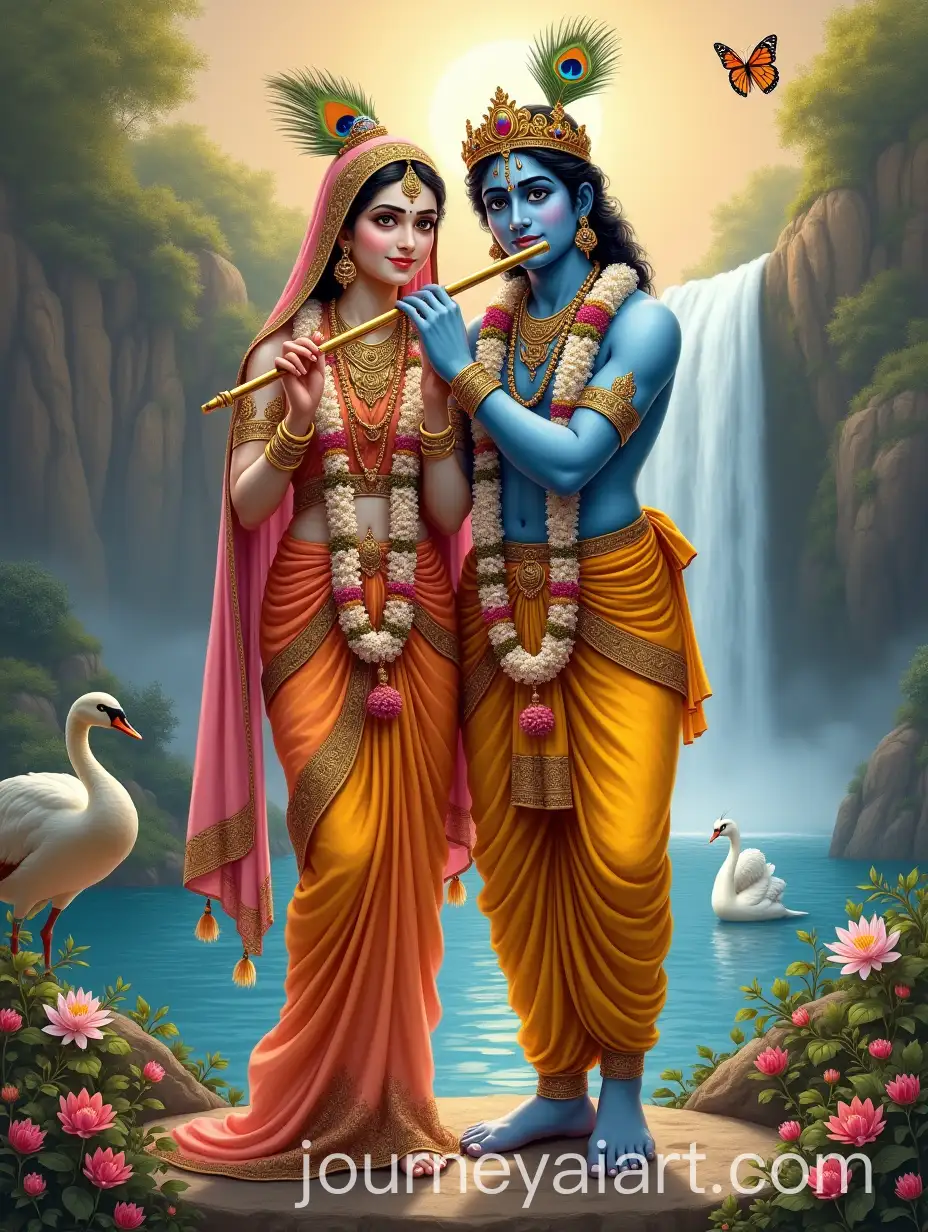 Radha-and-Krishna-in-Divine-Harmony-with-Waterfall-and-Peacock