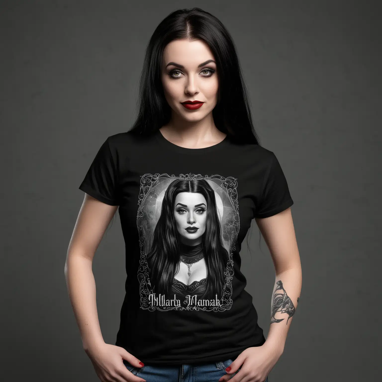 Mockup Design for Black Tee Featuring Female Model Resembling Lily Munster