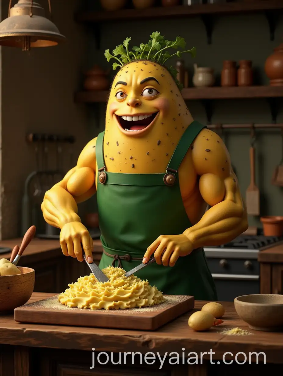 Muscular-Potato-Chef-Cooking-Mashed-Potatoes-in-Rustic-Kitchen