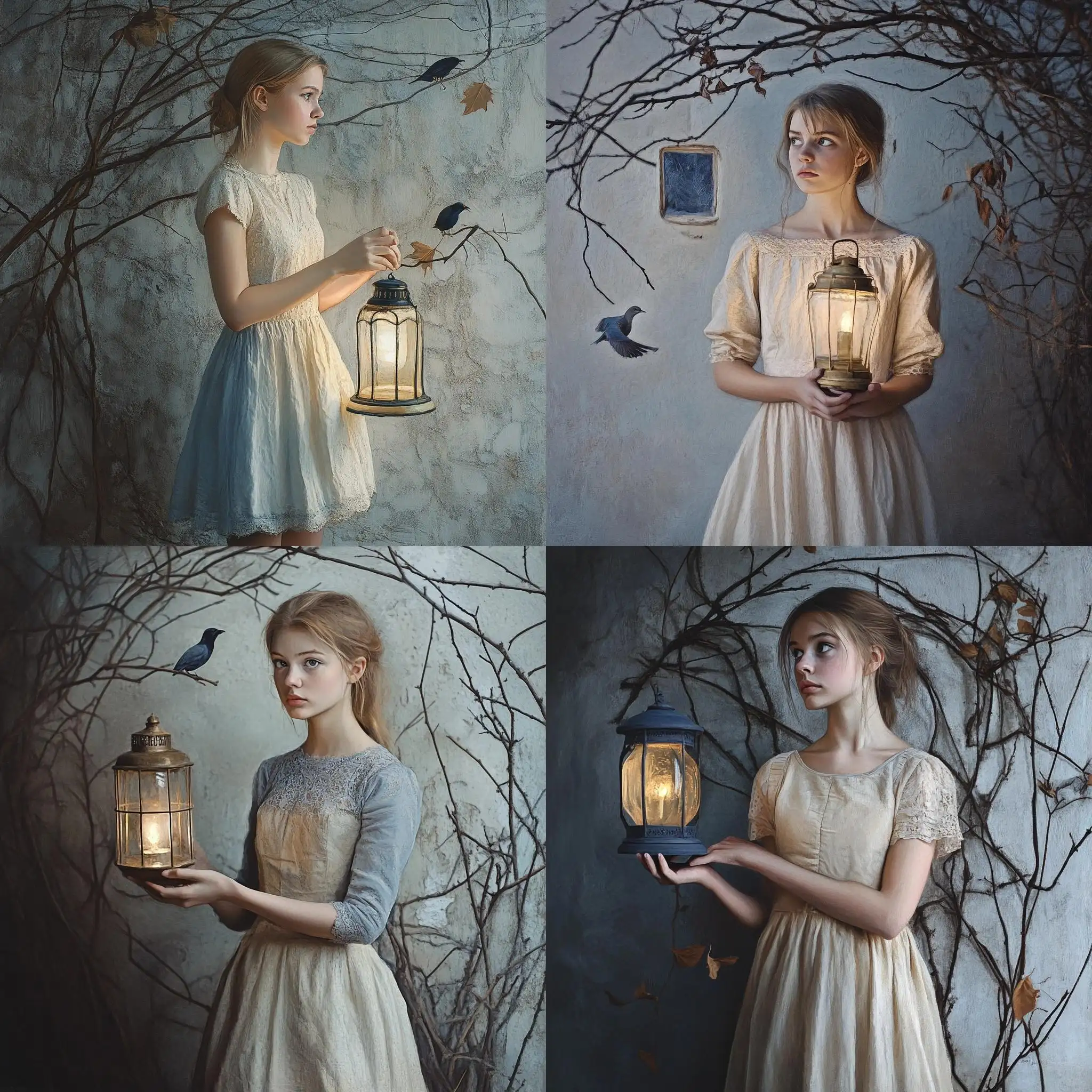 Girl-Holding-Lamp-on-Old-Wall-with-Bare-Tree-Branches-and-Dry-Leaves