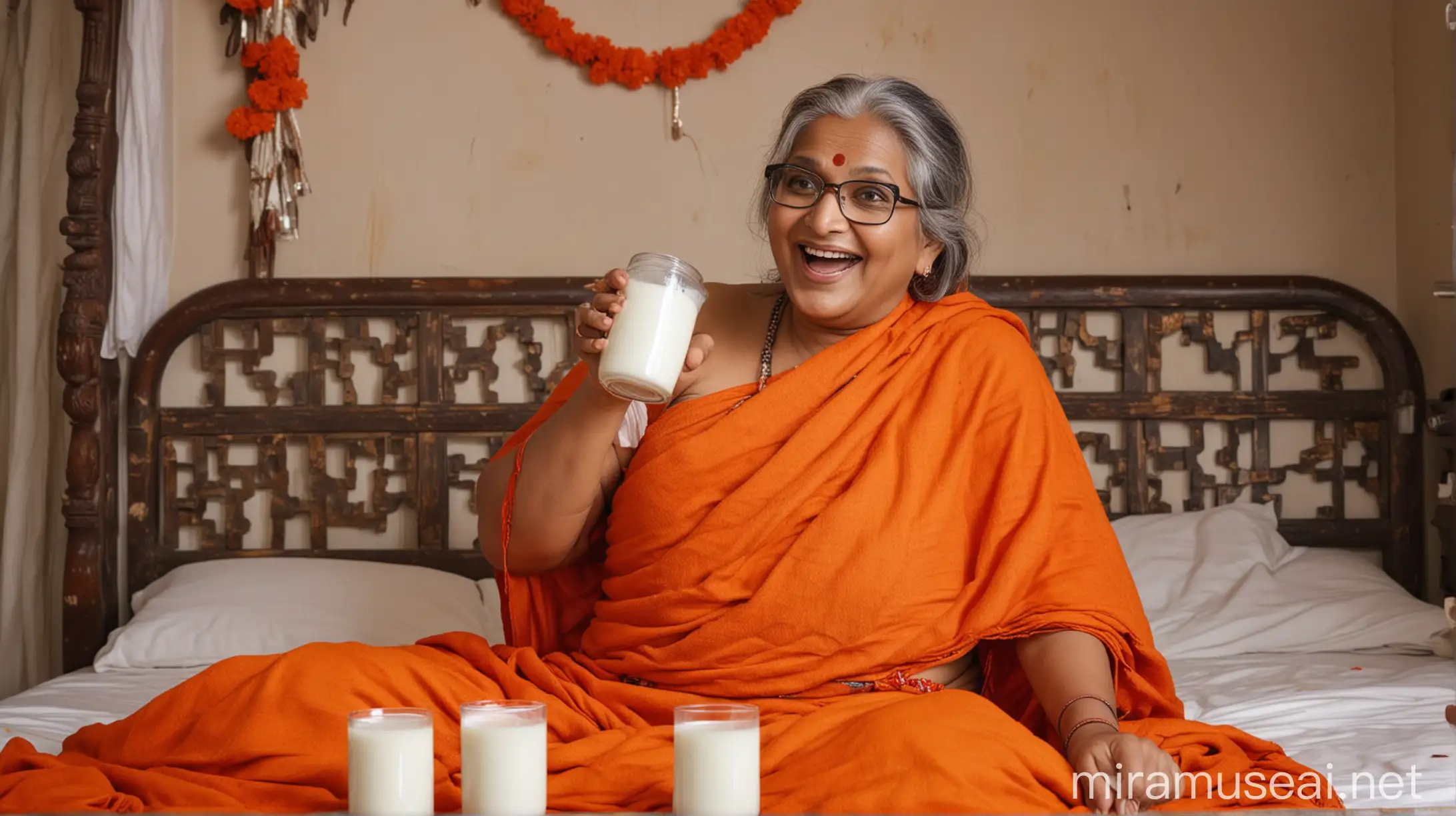 Happy Indian Hindu Woman Monk 75 Years Old Drinking Milk with Goat in Room