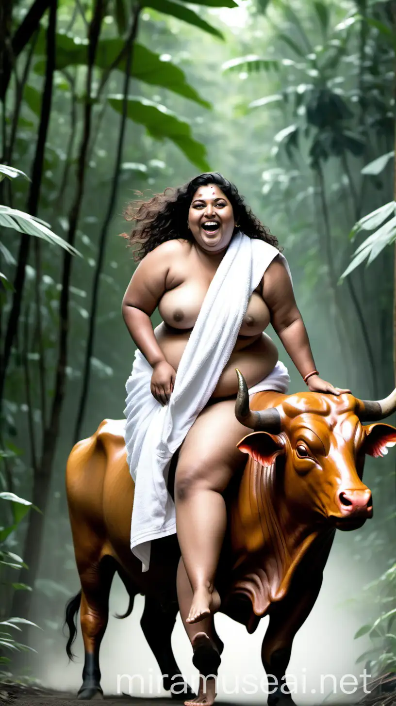 Cultural Fusion Joyful Indian Woman Riding Bull in Jungle