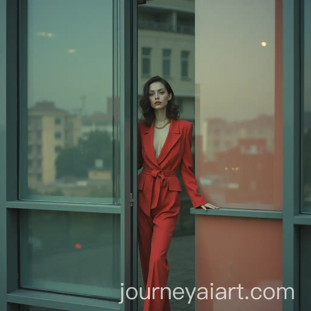 Female-Model-in-Red-Suit-Gazing-Through-Glass-in-Modernist-Building