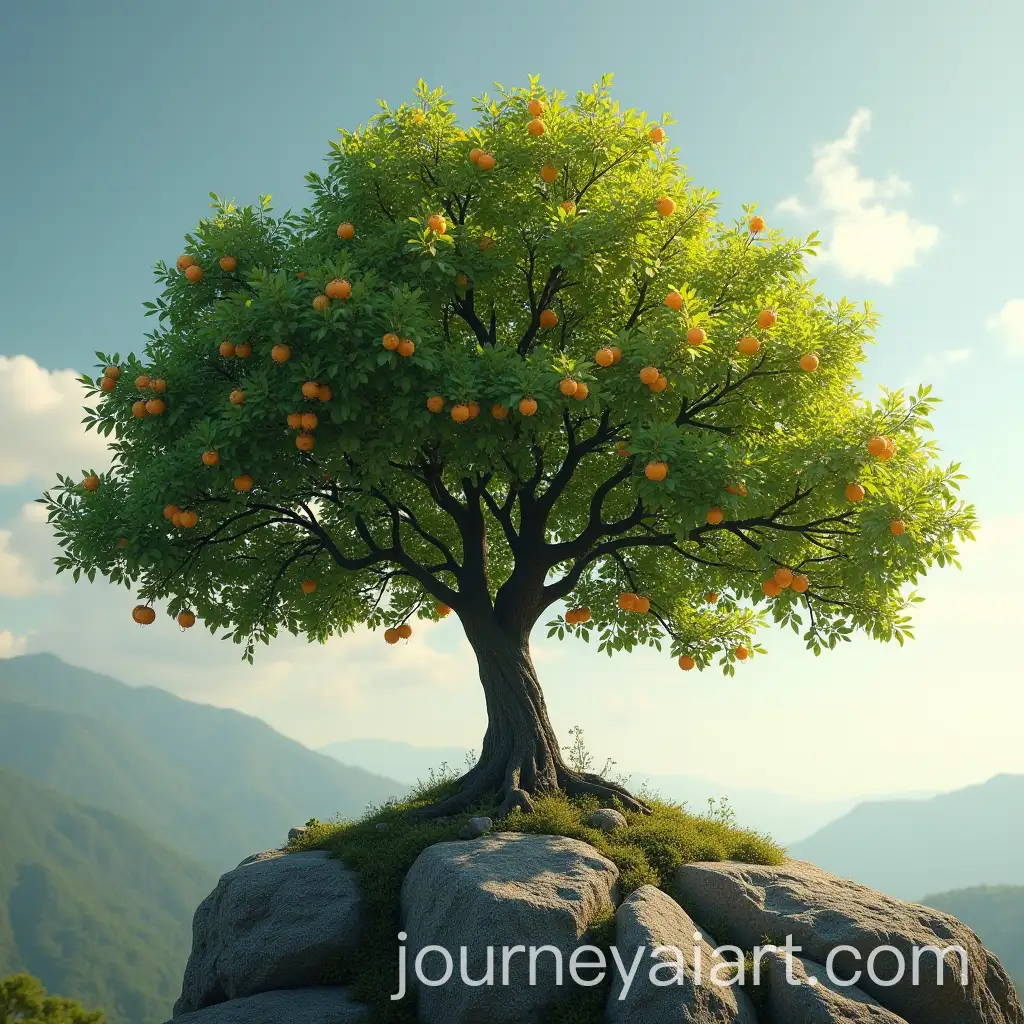 Tree-Growing-on-a-Rock-with-Vibrant-Flowers-and-Fruits-Amidst-Harsh-Environment