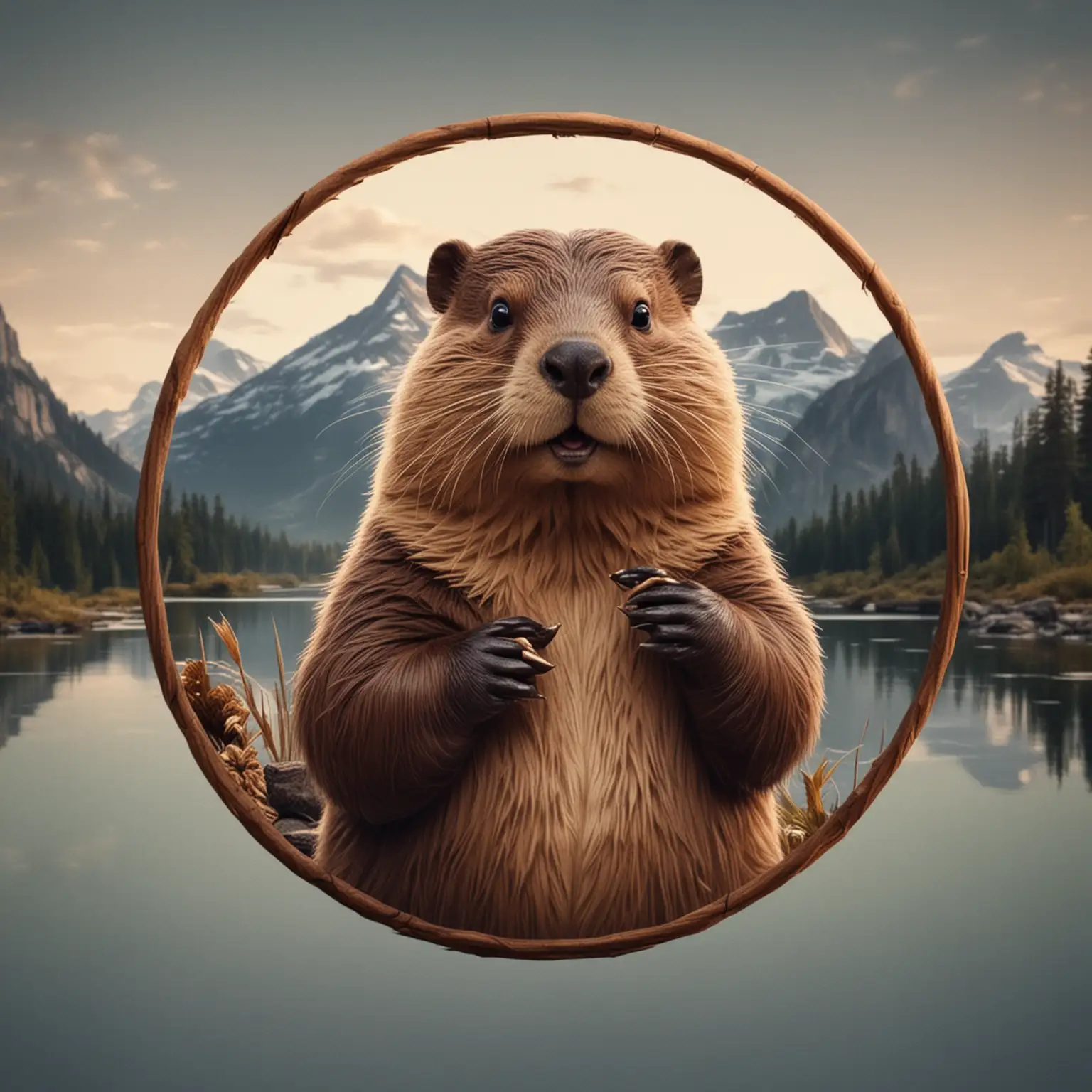 Beaver Icon Logo with Mountain Landscape and Sound Theme